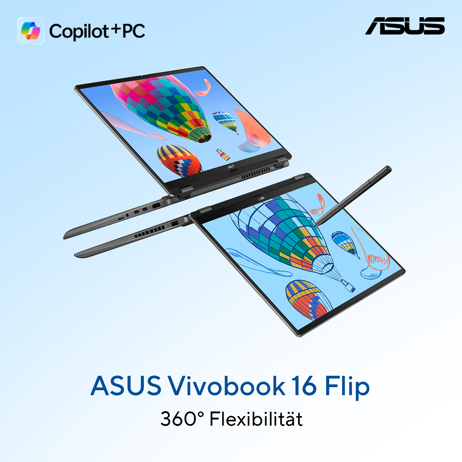 Zwei ASUS Vivobook Laptops mit Hot-Air-Ballon-Grafiken auf den Bildschirmen.