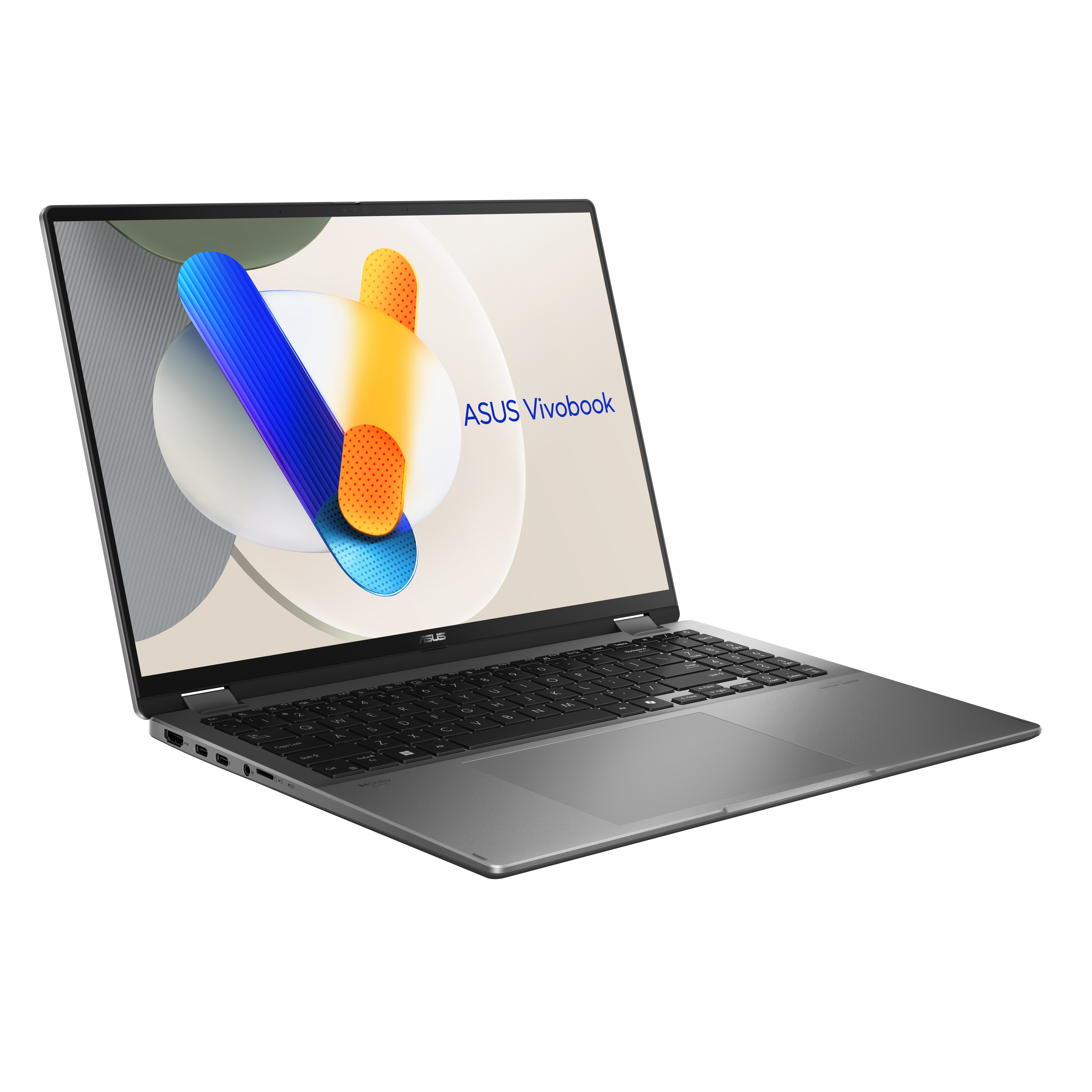 Ein geöffneter grauer ASUS Vivobook Laptop mit buntem Hintergrundbild.