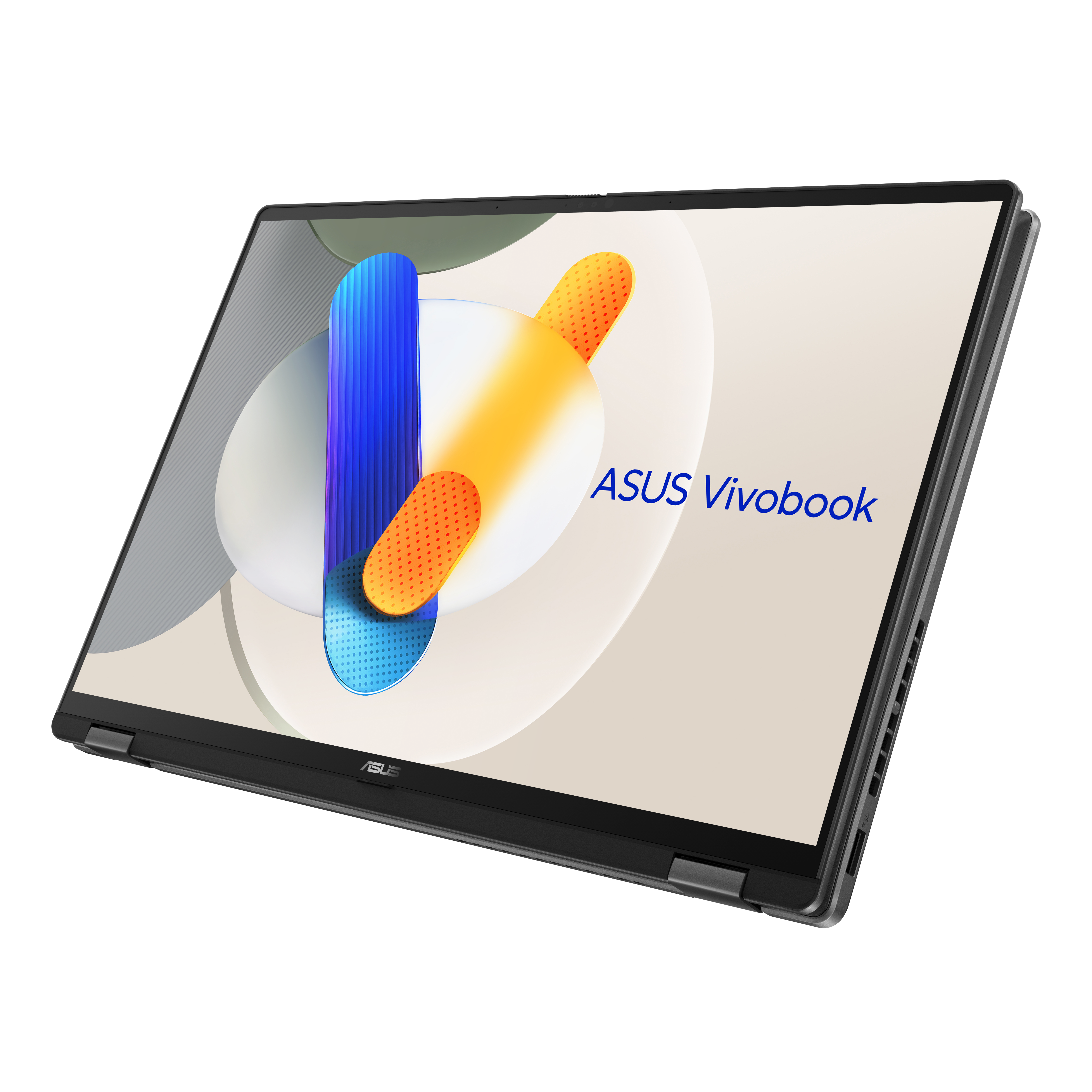 Ein geöffneter grauer ASUS Vivobook Laptop mit einem abstrakten, bunten Hintergrund auf dem Bildschirm.