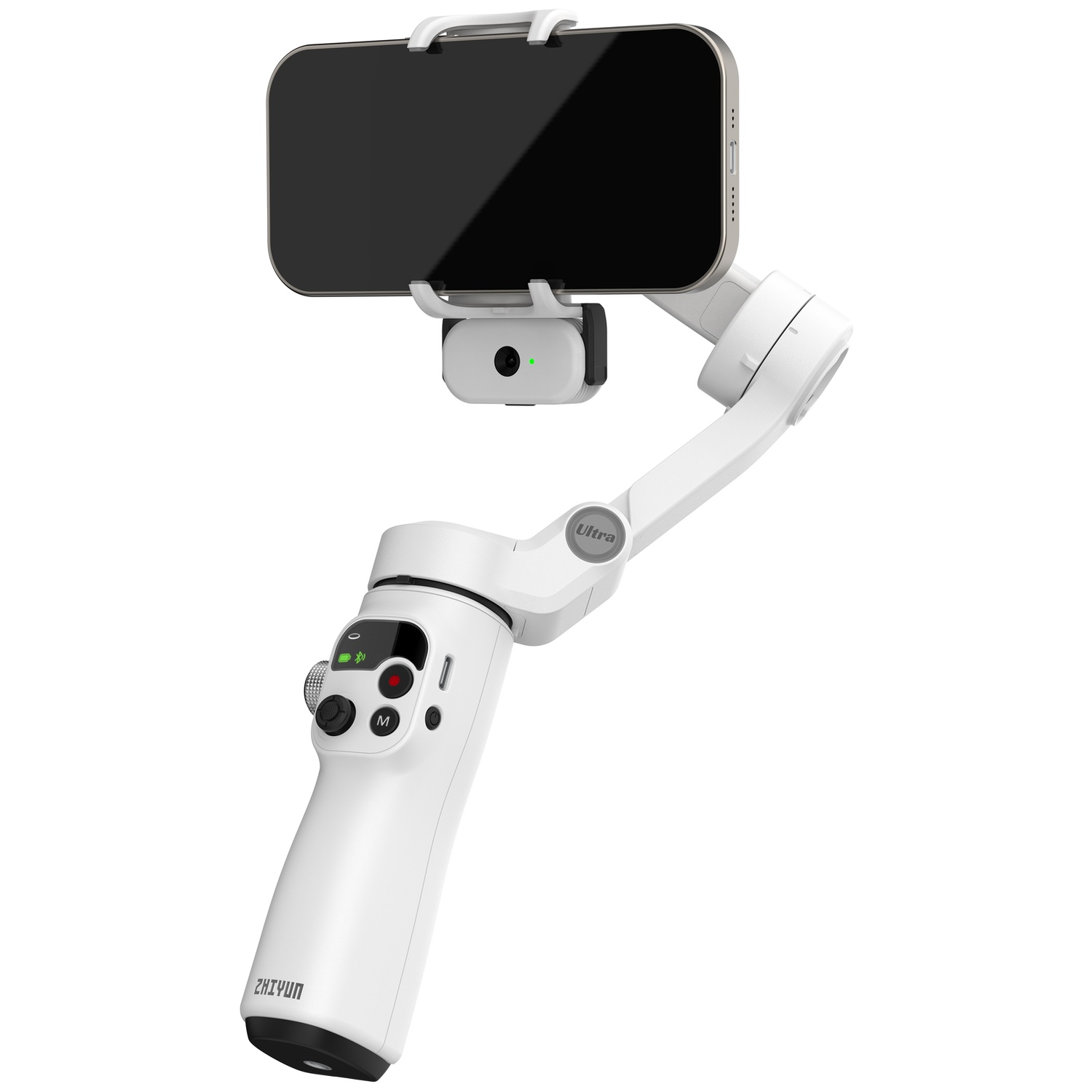 A white smartphone gimbal with a black screen and controls.