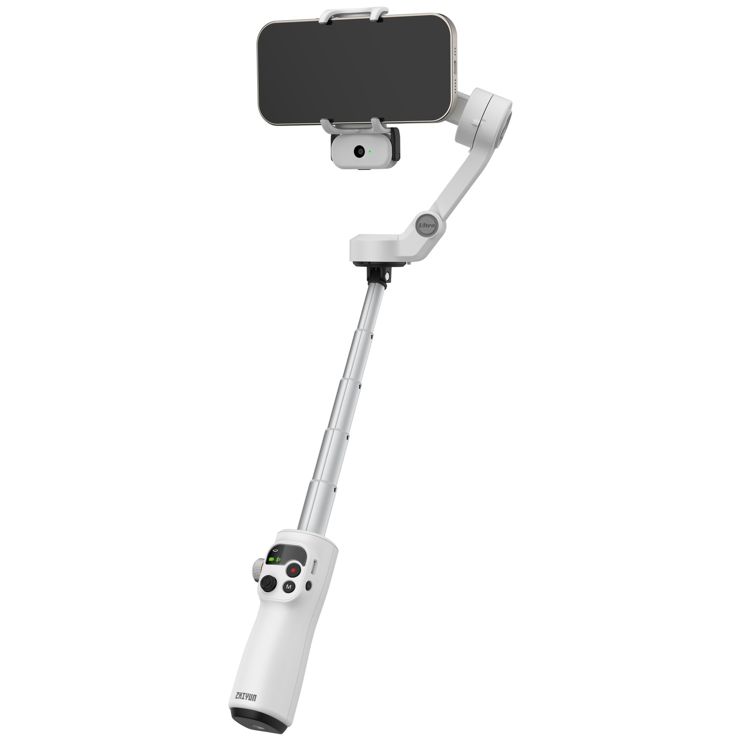 A white smartphone gimbal stabilizer with a phone mounted on top. Extended handle.