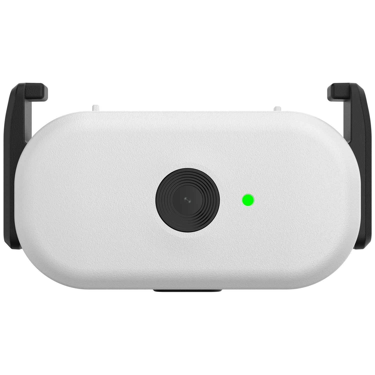A white device with a black lens and a green indicator light.