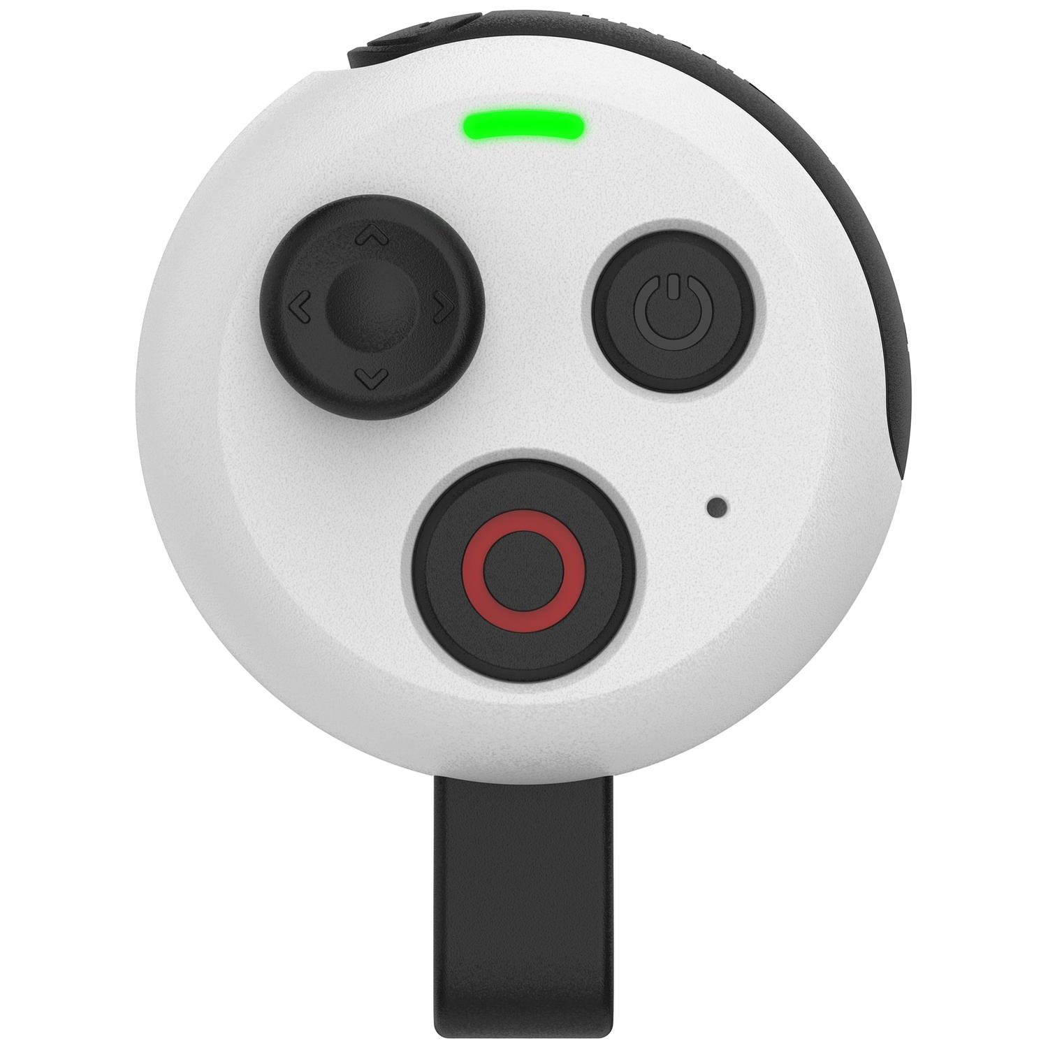 A white controller with black buttons and a green LED indicator.