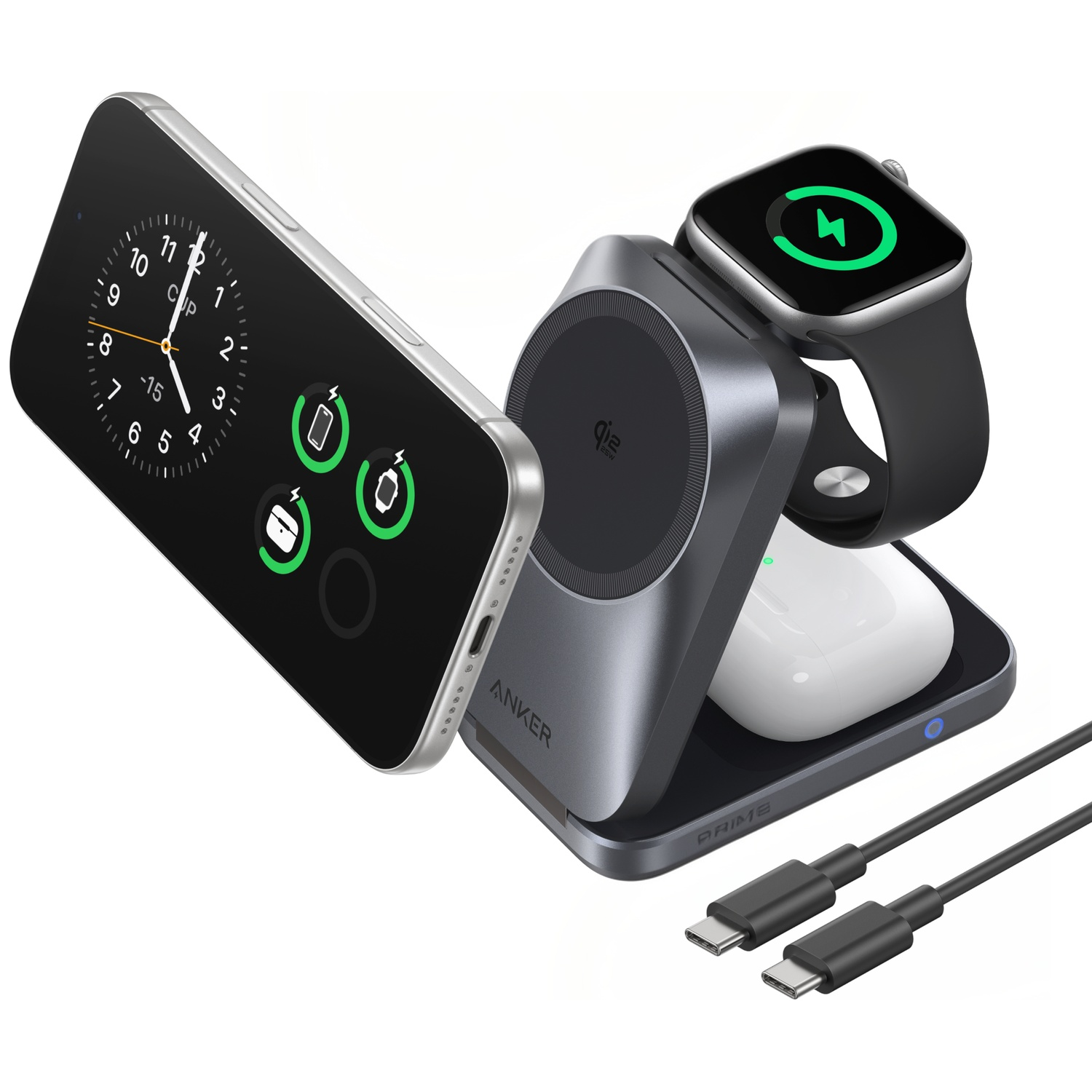 Een grijs 3-in-1 oplaadstation met smartphone, smartwatch en oordopjes.