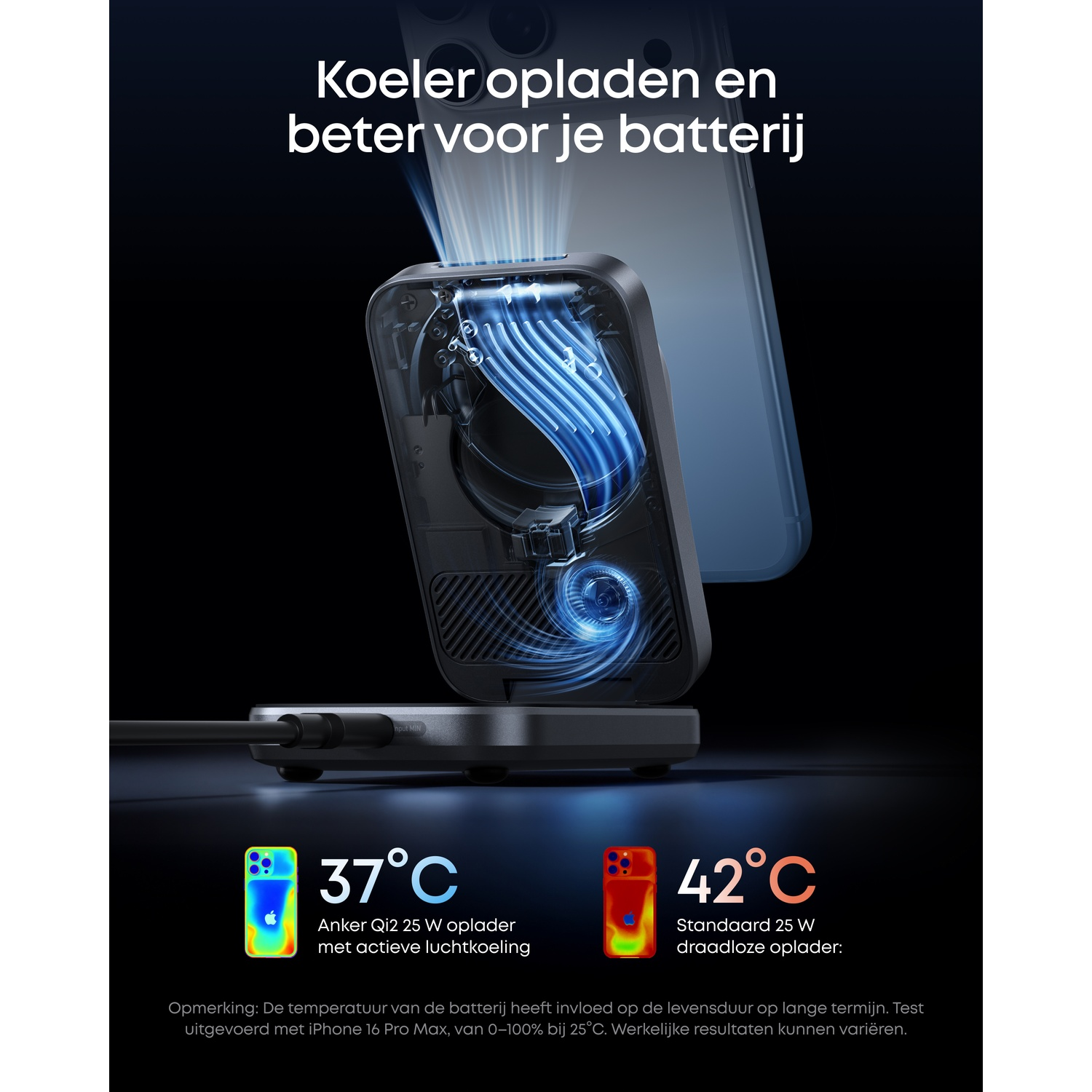 iPhone lader met actieve koeling bij 37°C vs. standaard bij 42°C.