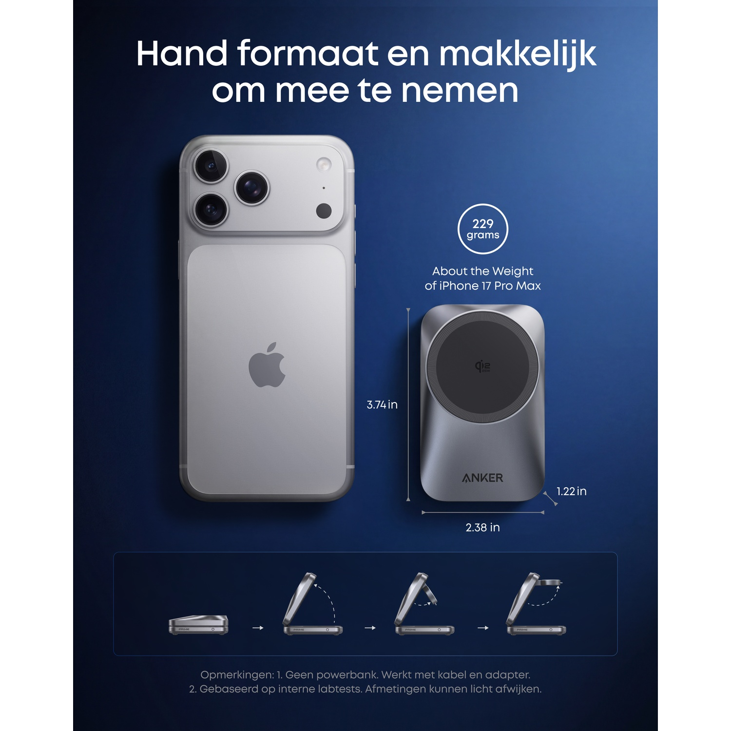 Een zilveren iPhone en een grijze Anker lader worden naast elkaar getoond.