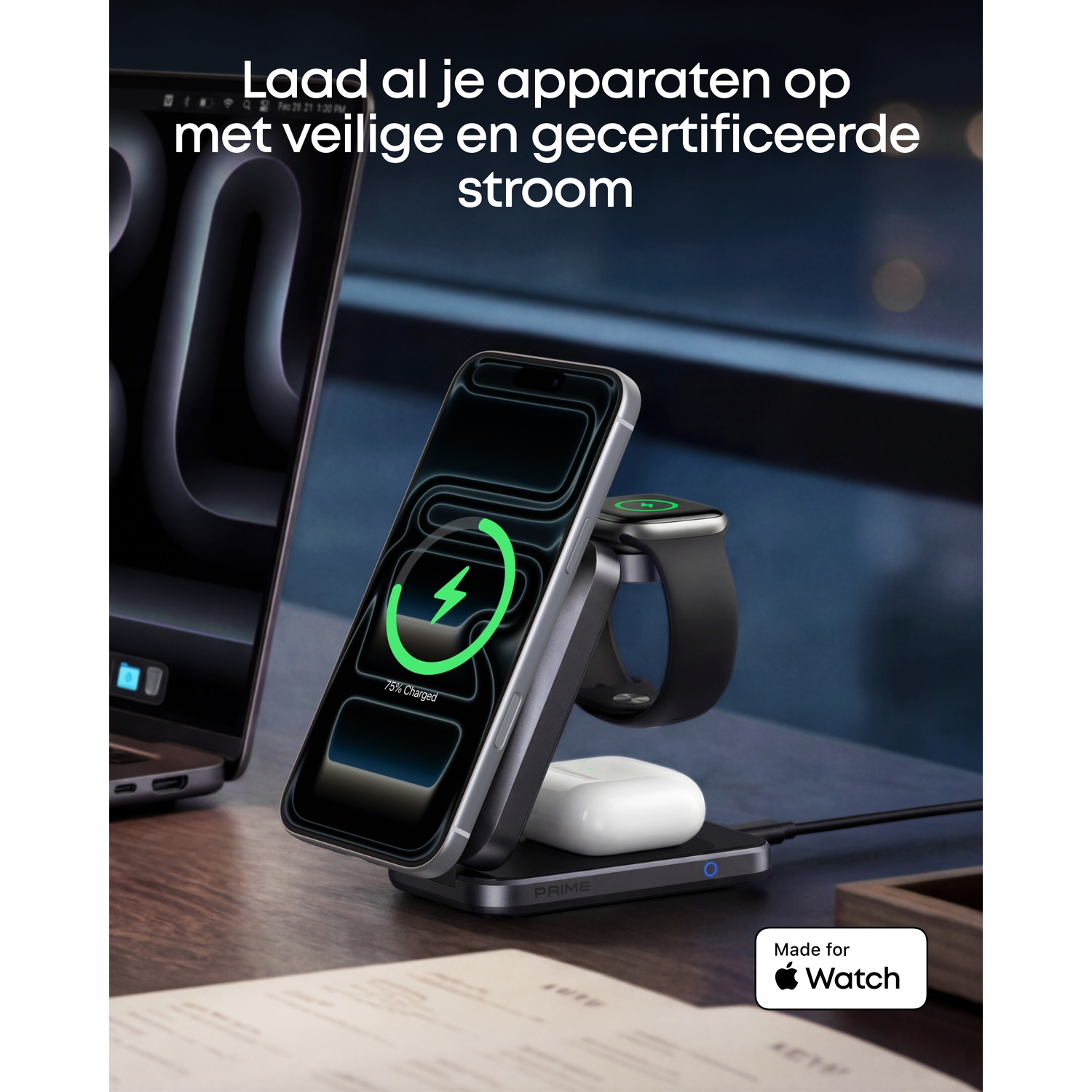 Een oplaadstandaard met iPhone, Apple Watch en AirPods. 75% opgeladen.