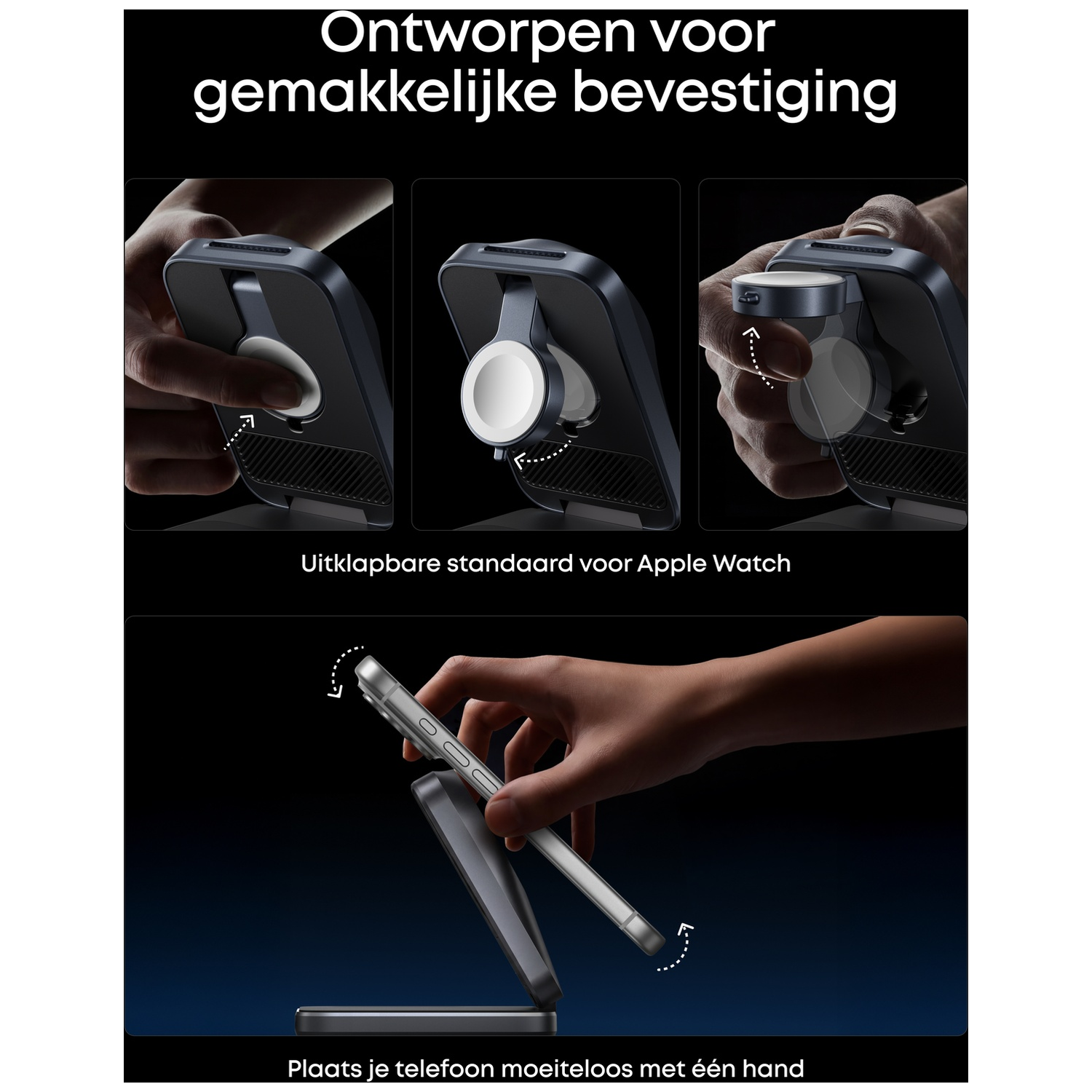Een telefoonstandaard met geïntegreerde Apple Watch standaard wordt getoond.
