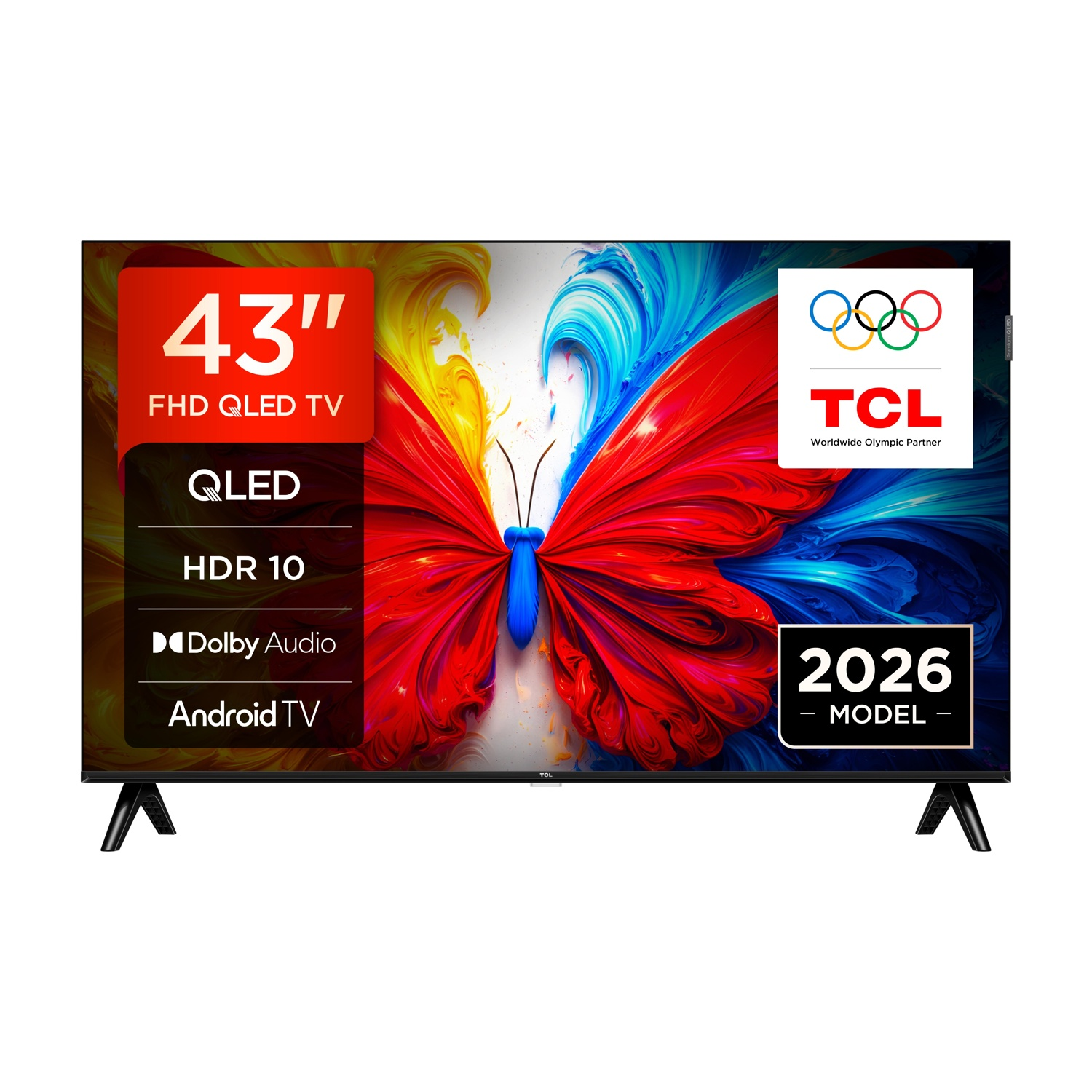 Una TV TCL QLED da 43 pollici con logo anelli olimpici e grafica a farfalla.