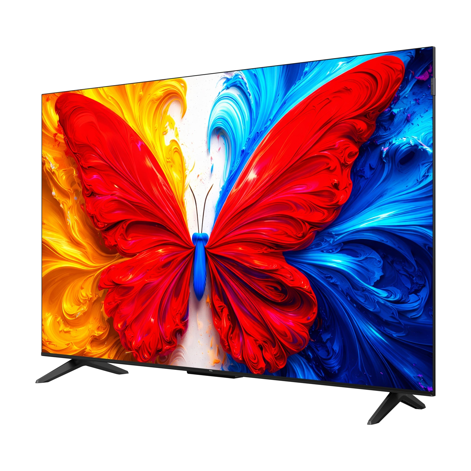 Un televisore moderno mostra un vibrante design a farfalla in rosso, blu e giallo.