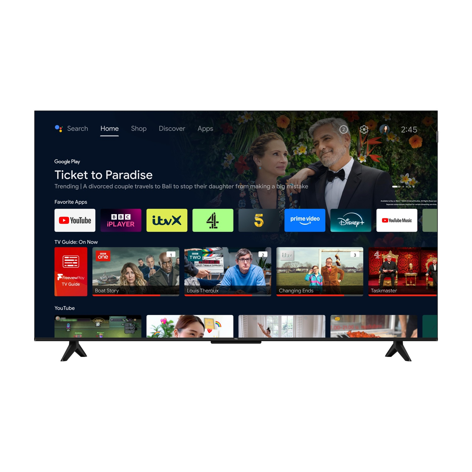 Uno schermo TV mostra un'interfaccia Smart TV con app come YouTube e Prime Video.