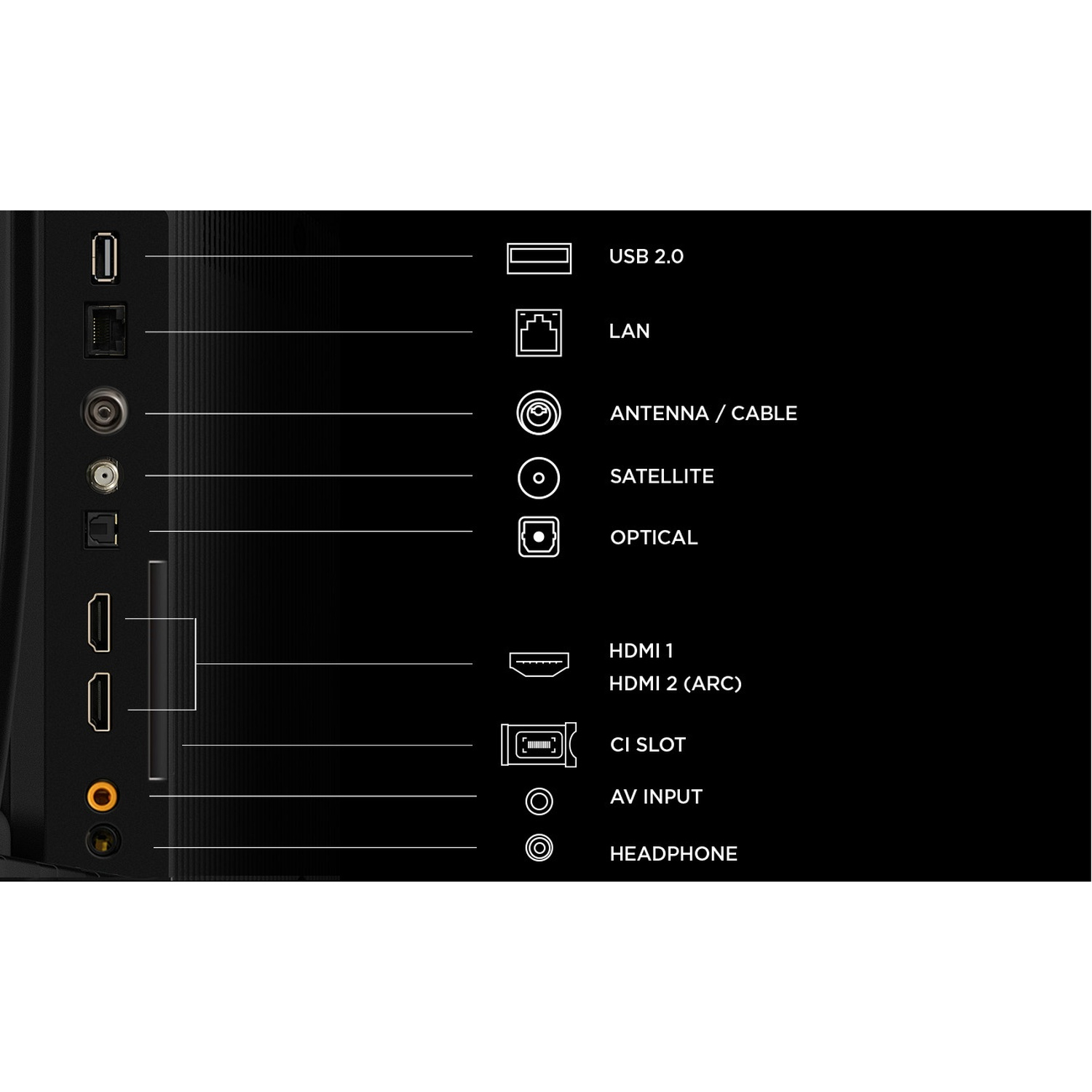 Porte TV: USB, LAN, Antenna, Satellite, Ottico, HDMI x2, Slot CI, AV, Cuffie.