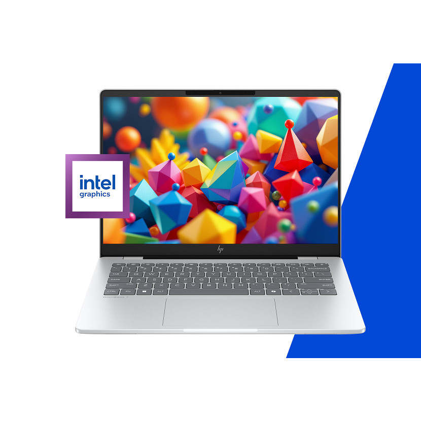 Silberner Laptop mit Intel-Grafik-Logo und buntem geometrischem Hintergrund.