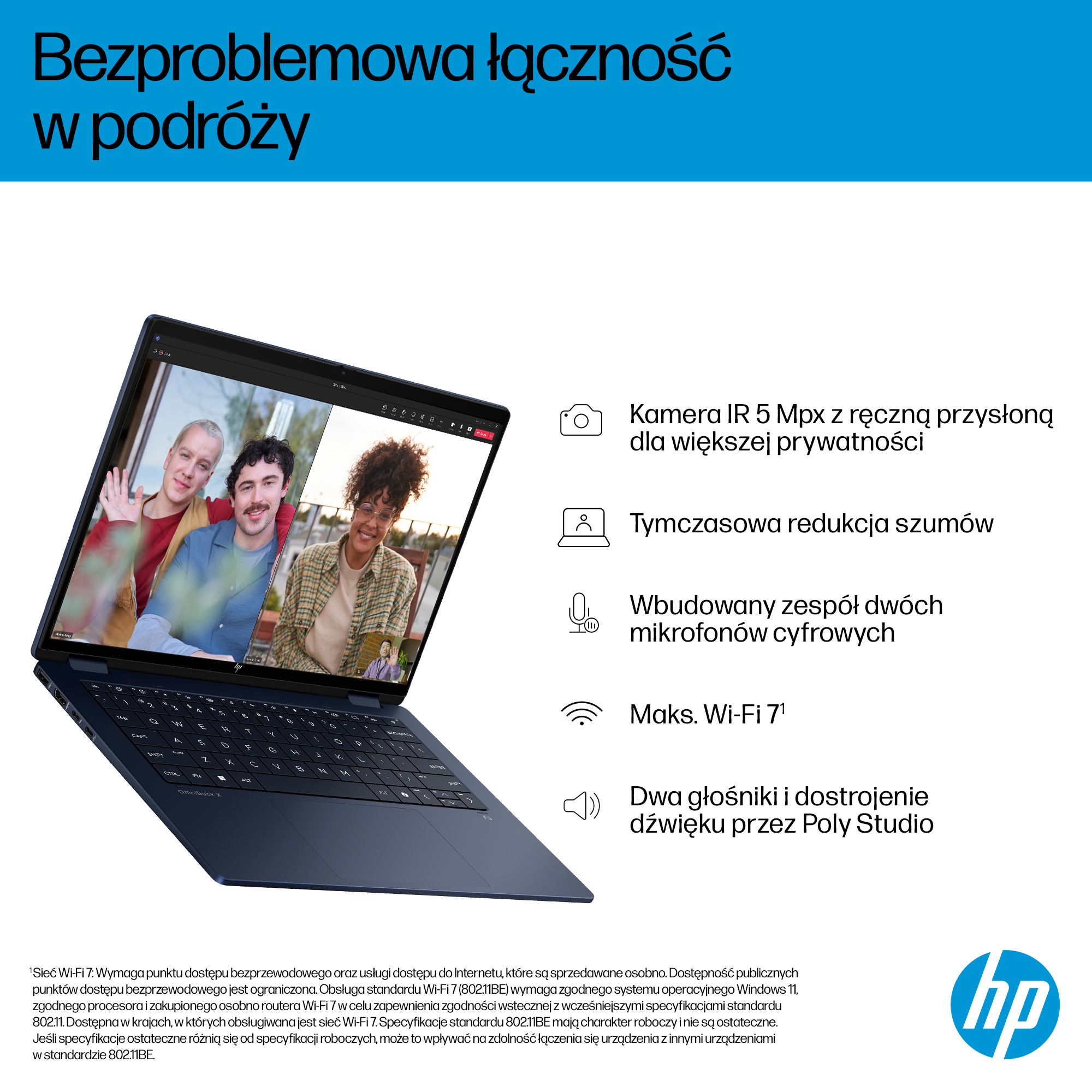 Ciemnoniebieski laptop HP OmniBook X wyświetla rozmowę wideo z trzema osobami. Wymienione funkcje.