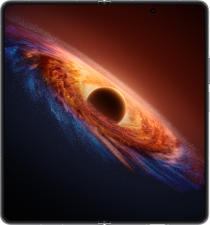 Egy fekete lyuk narancssárga, kék és lila örvénylő galaxissal, piros háttér előtt.