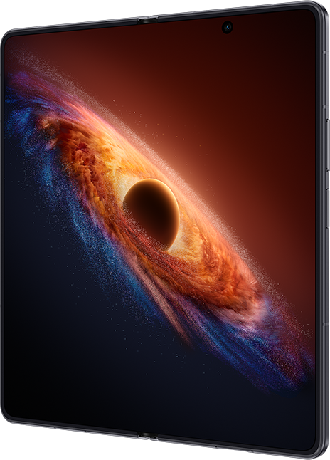 Egy okostelefon kozmikus hátteret mutat egy bolygóval, amelyet örvénylő galaxis vesz körül.