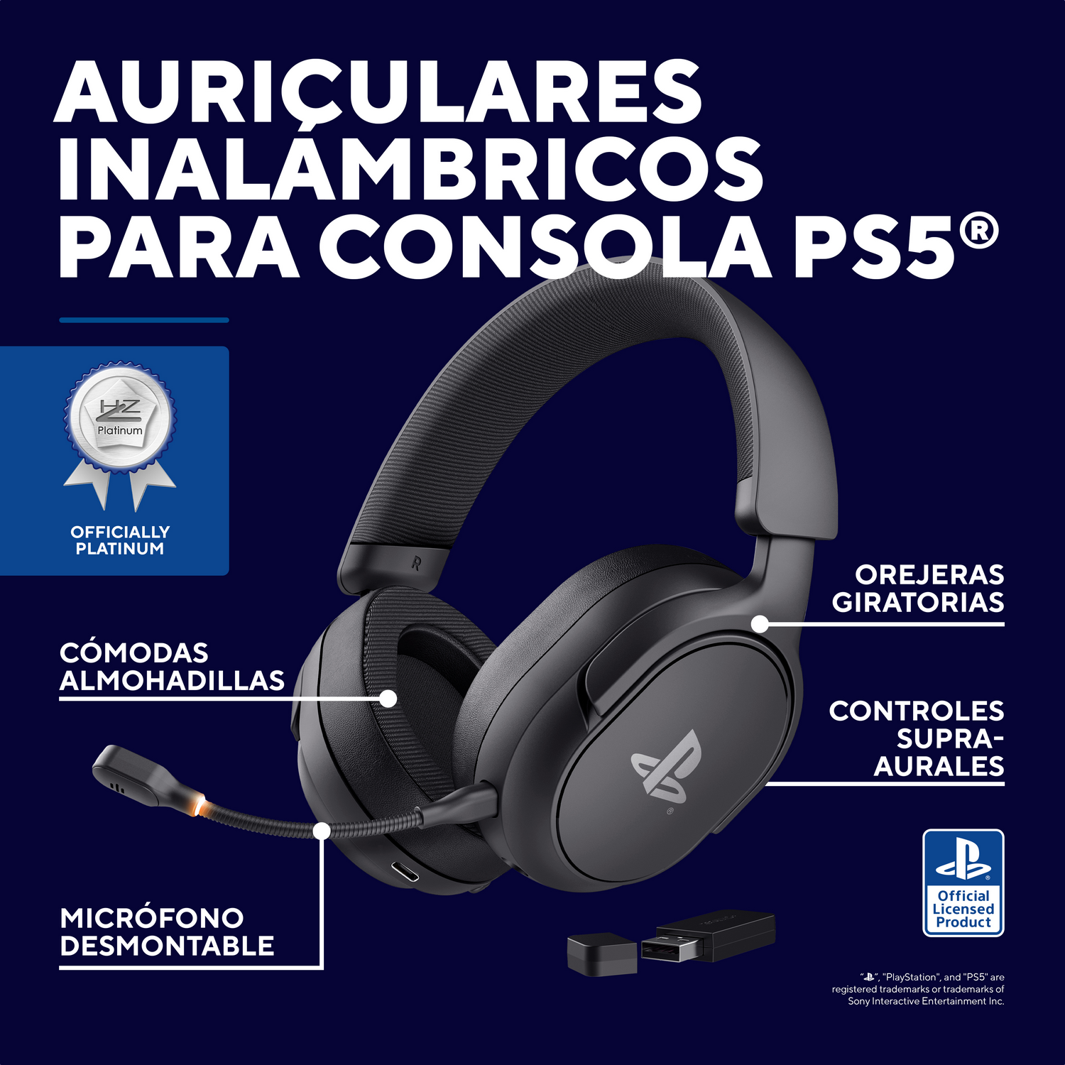 Auriculares inalámbricos negros PS5 con micrófono, orejeras giratorias y dongle USB.