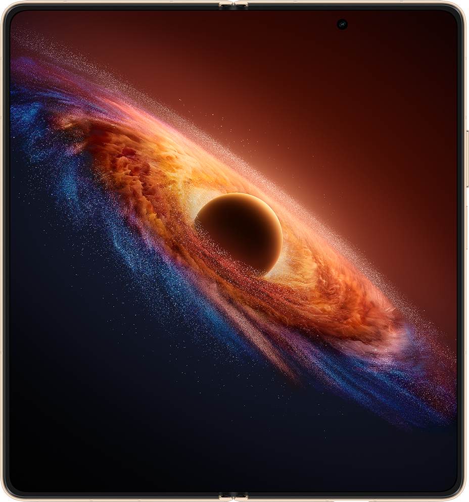 Egy sötét bolygó narancssárga és kék ködökből álló, örvénylő galaxist kerül meg.