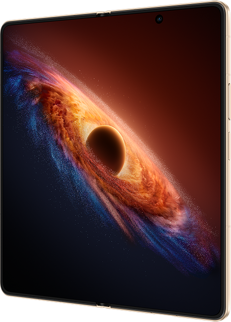 Arany színű, összehajtható telefon kozmikus jelenettel. Egy bolygó kering egy örvénylő galaxisban.