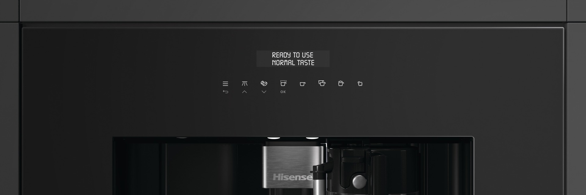 Schwarz bedienfeld mit digitaler anzeige, die „READY TO USE NORMAL TASTE“ anzeigt.