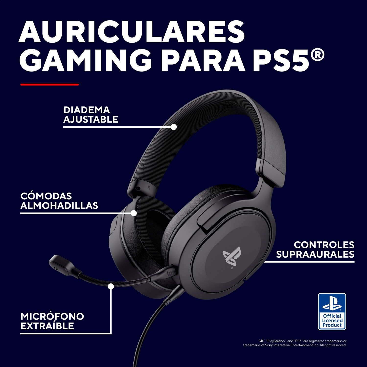 Auriculares negros gaming PS5 con micrófono, diadema ajustable y almohadillas.