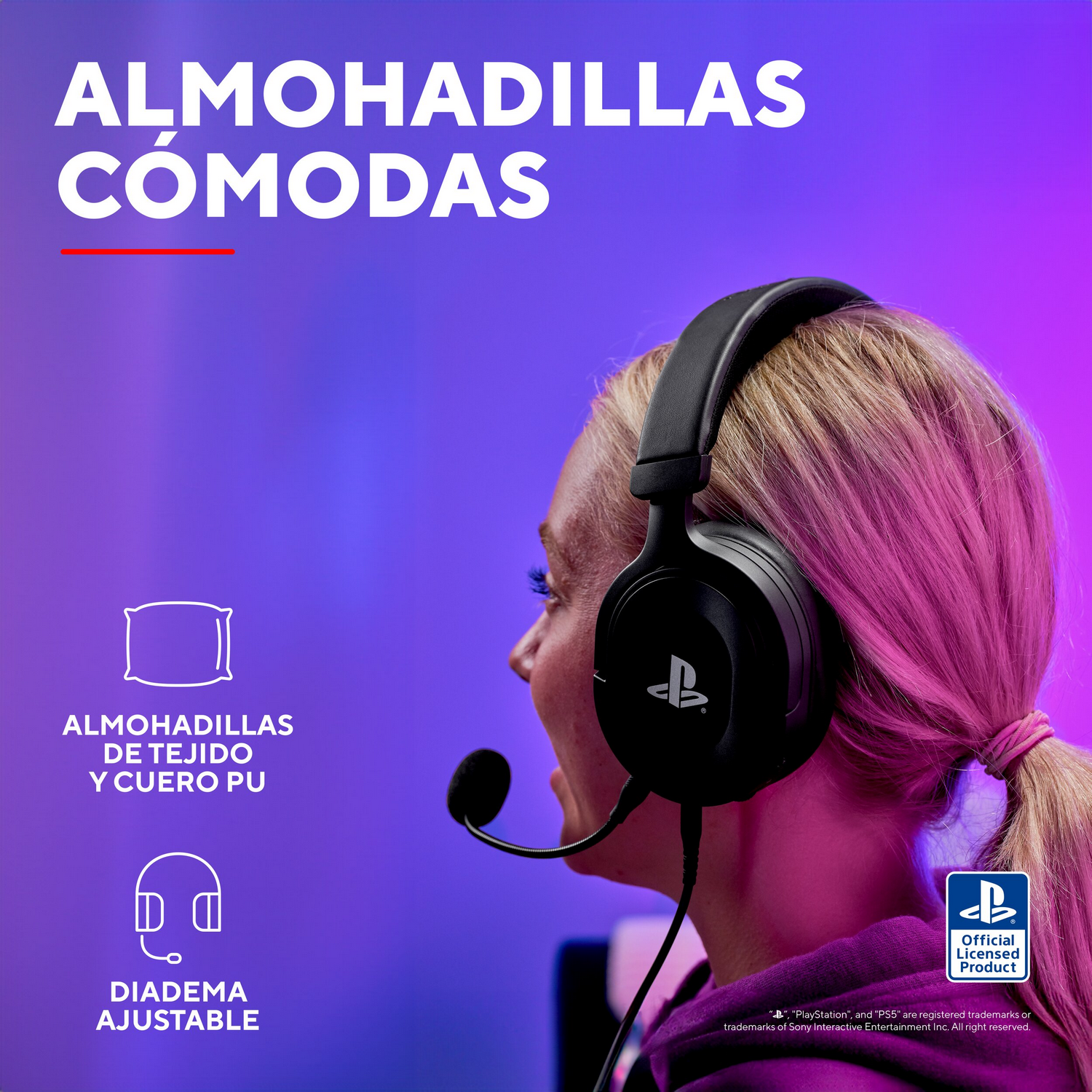 Mujer con auriculares; texto sobre almohadillas cómodas y diadema ajustable.