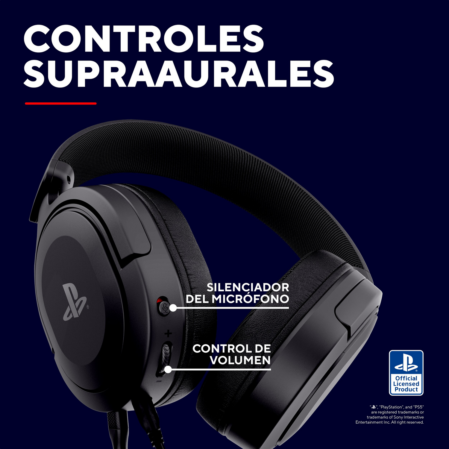 Auriculares negros supraaurales con logo de PlayStation y controles.