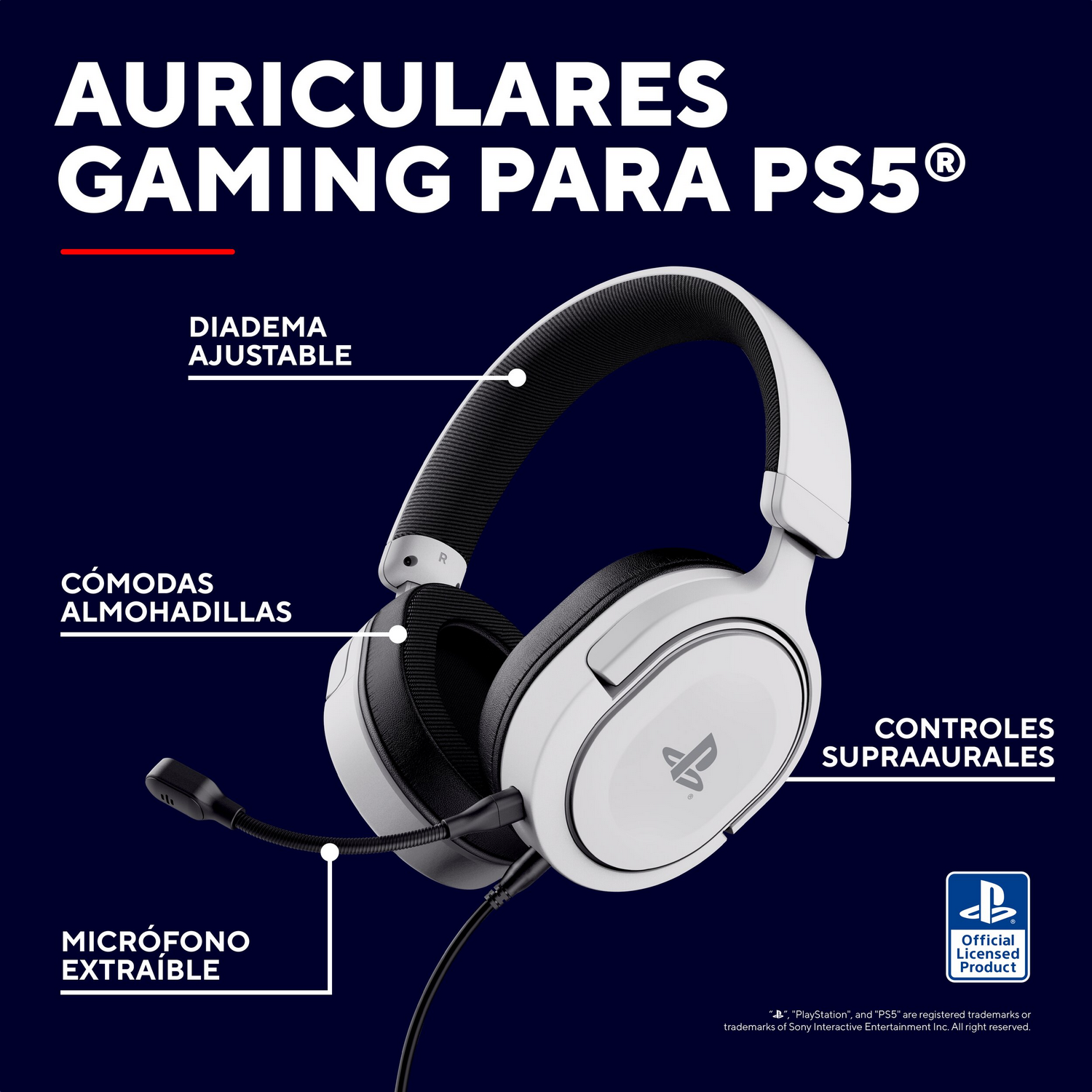 Auriculares blancos para gaming PS5 con micrófono, diadema ajustable y almohadillas.