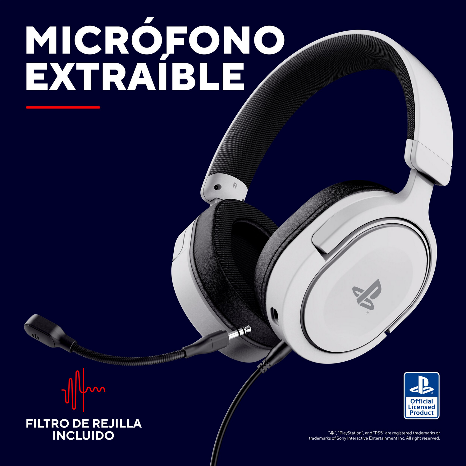 Auriculares blancos con micrófono desmontable y logo de PlayStation sobre fondo azul.