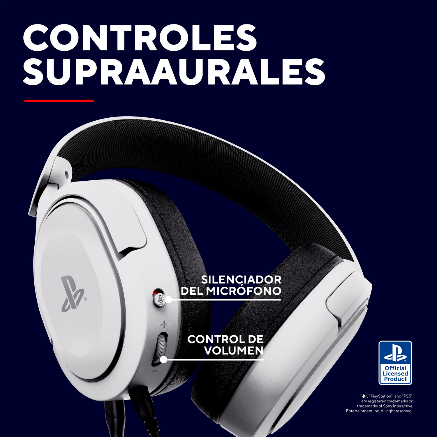 Auriculares blancos supraaurales con botón de silencio de micrófono y control.