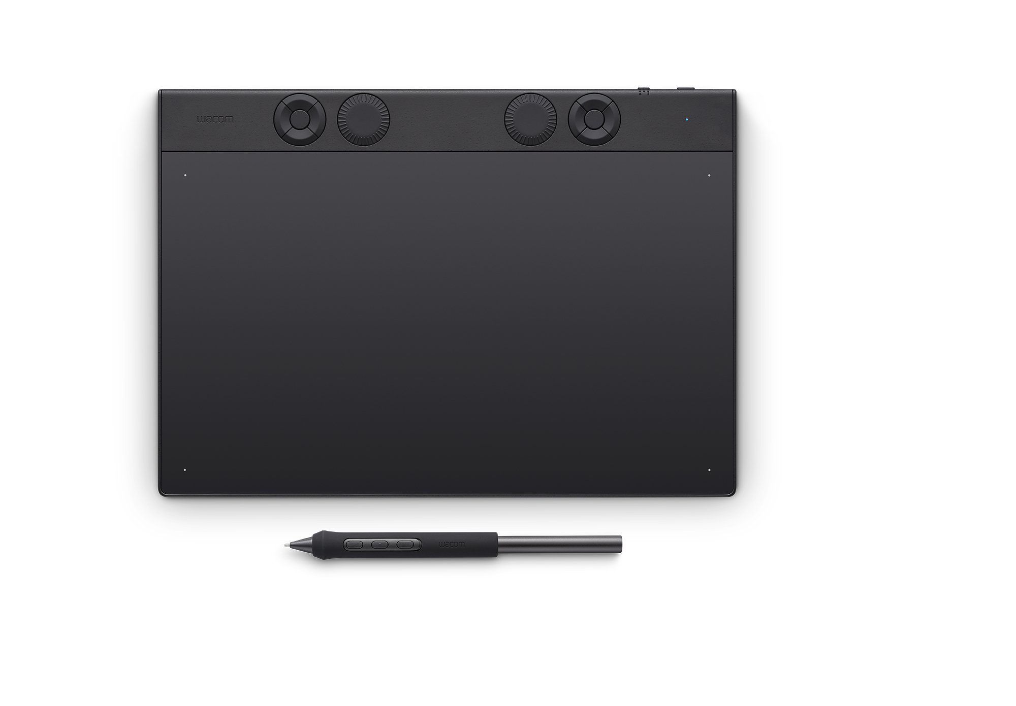 Ein schwarzes Wacom Grafiktablett mit Stift auf weißem Hintergrund.