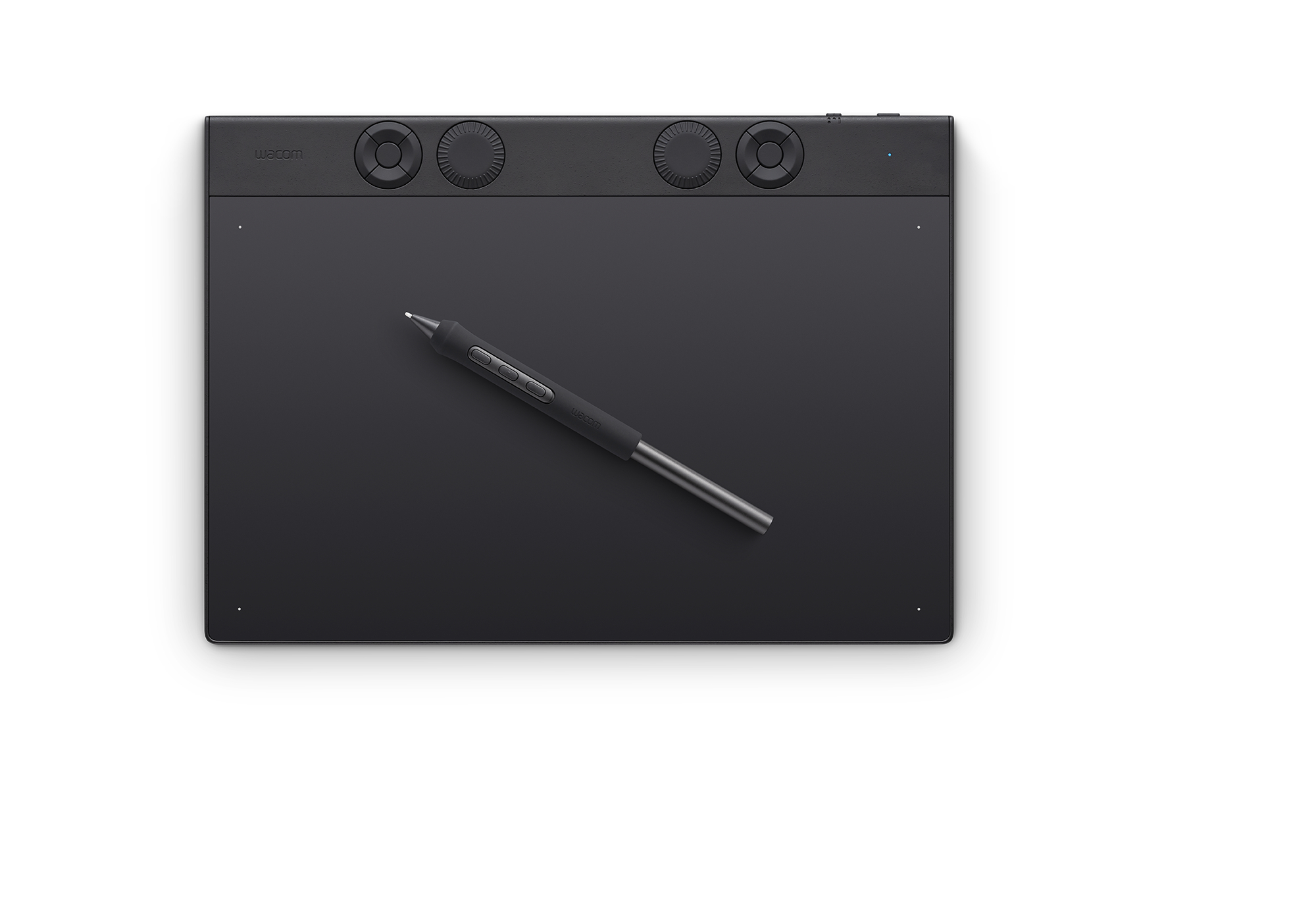 Ein schwarzes Wacom Grafiktablett mit Stift, mit Drehreglern und Tasten.