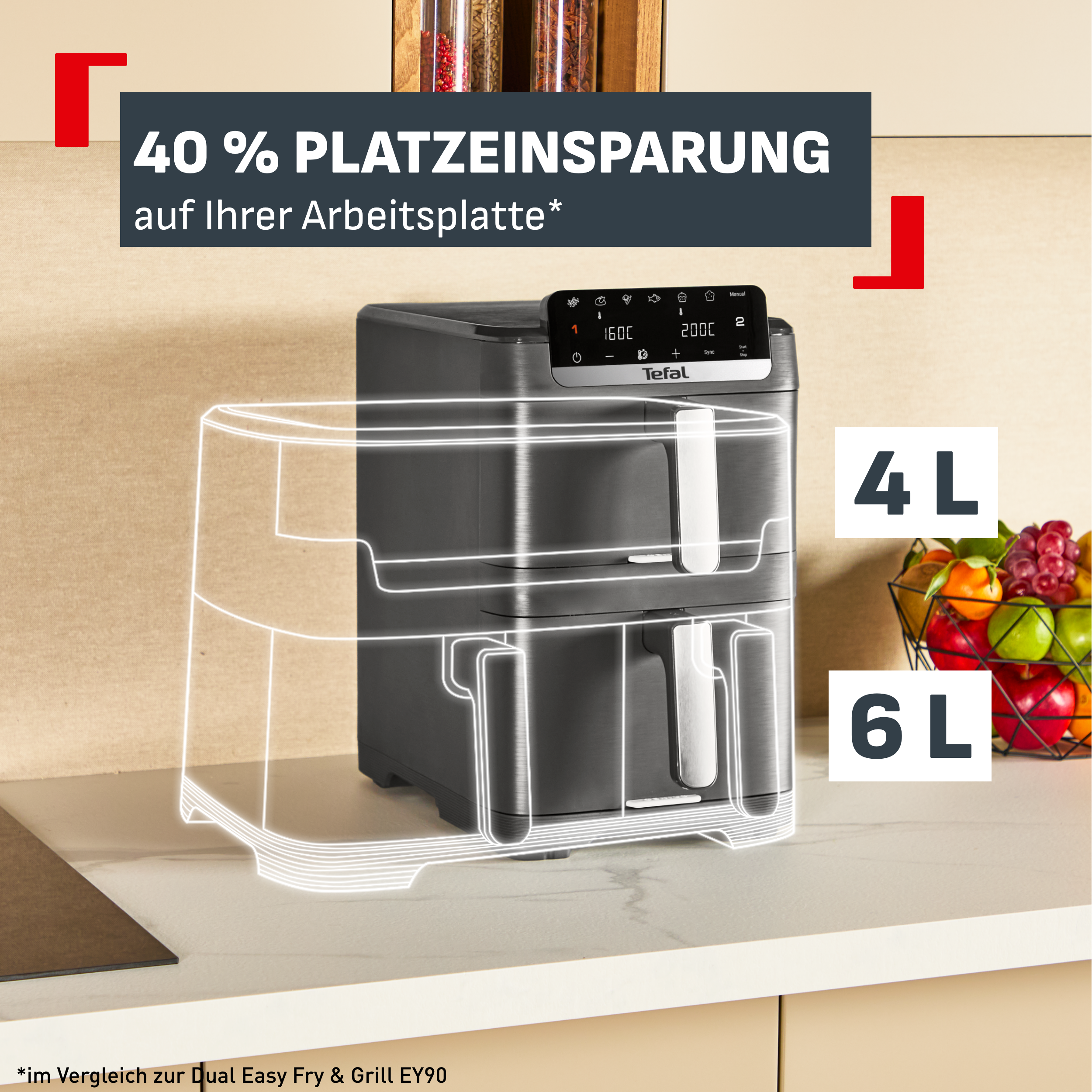 Ein Tefal Heißluftfritteuse mit 4L und 6L Kapazitäten auf einer Arbeitsplatte.