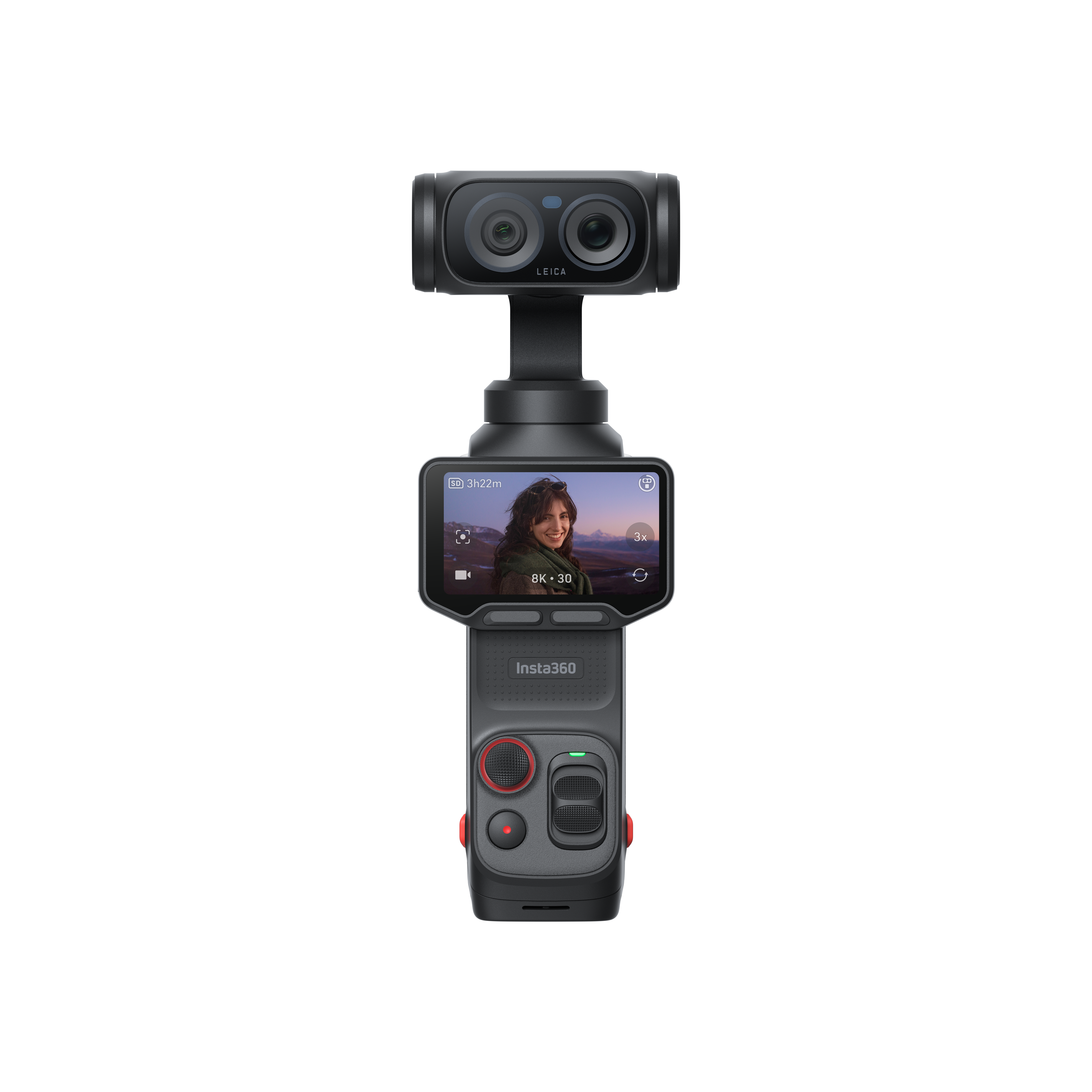 Eine schwarze Insta360-Kamera mit zwei Objektiven und einem Touchscreen.