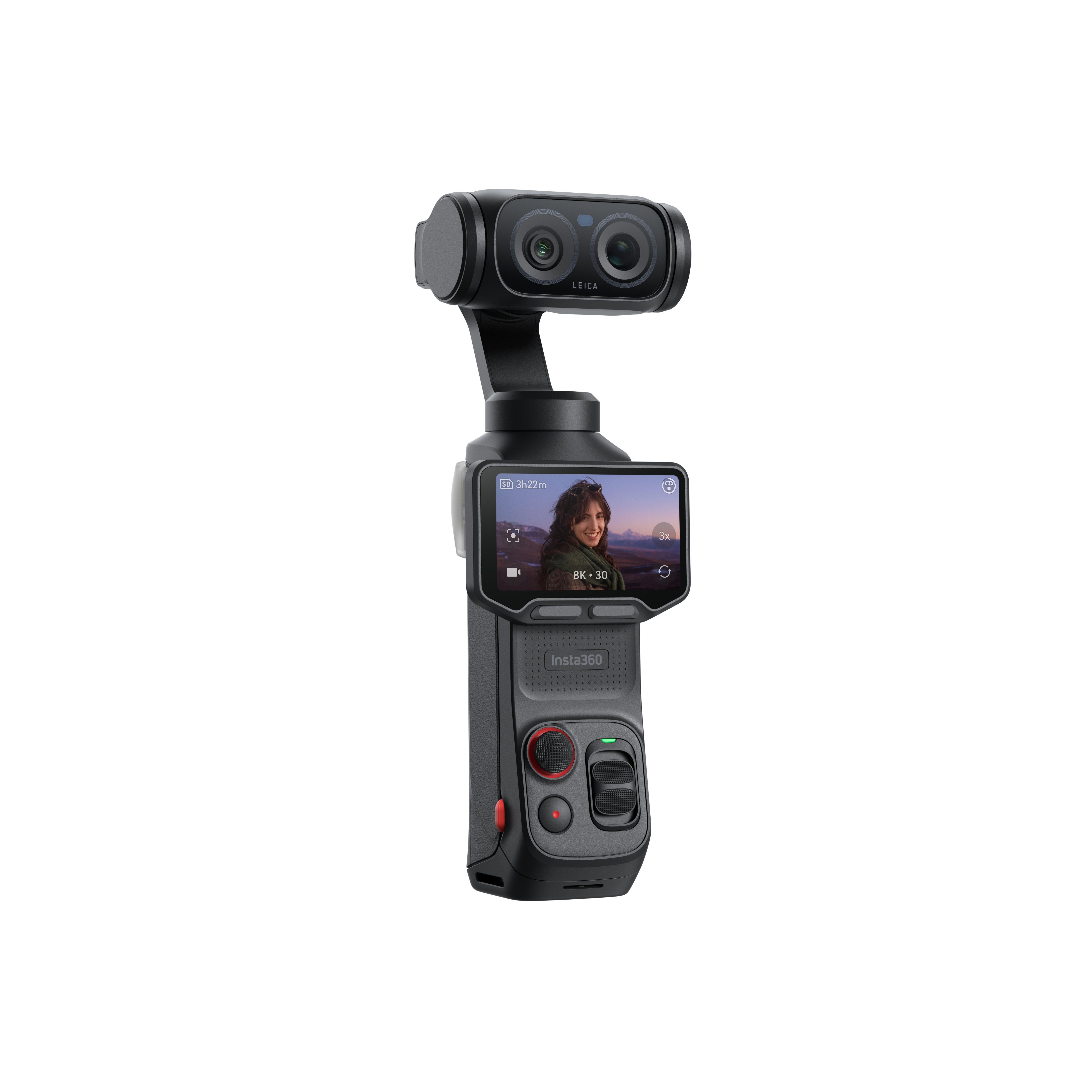 Ein schwarzes Insta360 Gimbal mit Leica-Kamera und Bildschirm, der eine Frau zeigt.