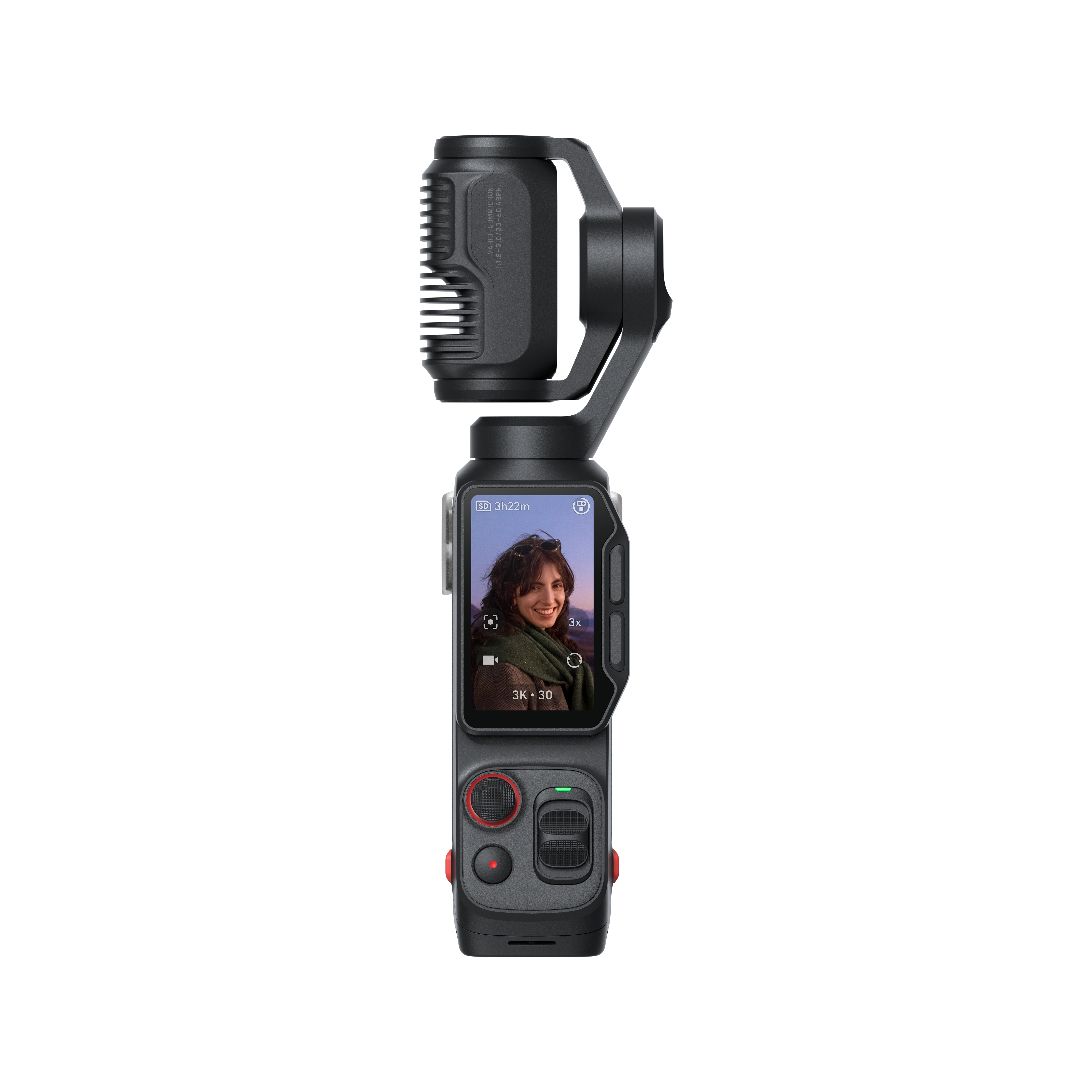 Schwarzer Gimbal mit Bildschirm, der eine Frau zeigt; 3K-Aufnahme.