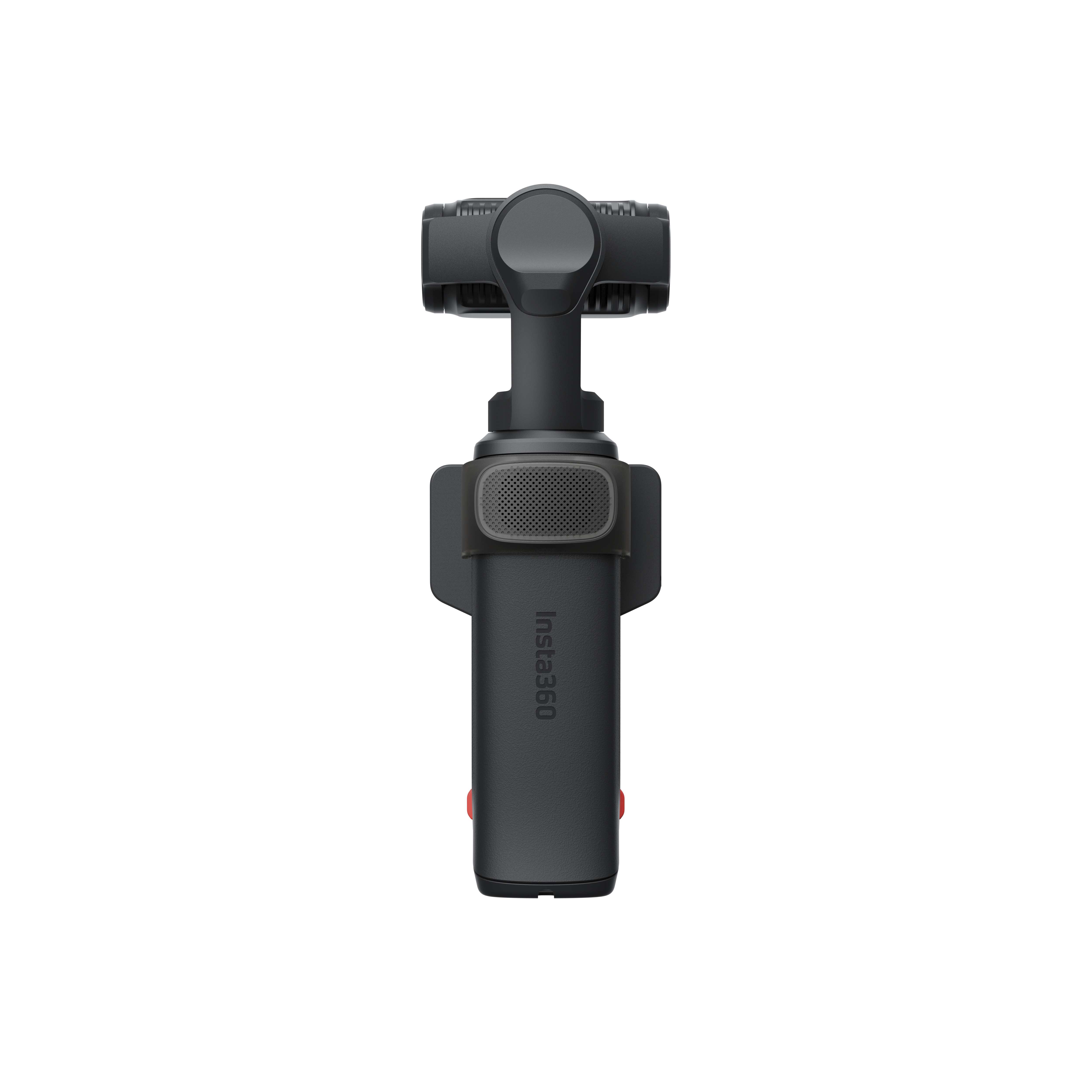 Ein dunkler Gimbal mit einem Lautsprechergitter und Beschriftung.