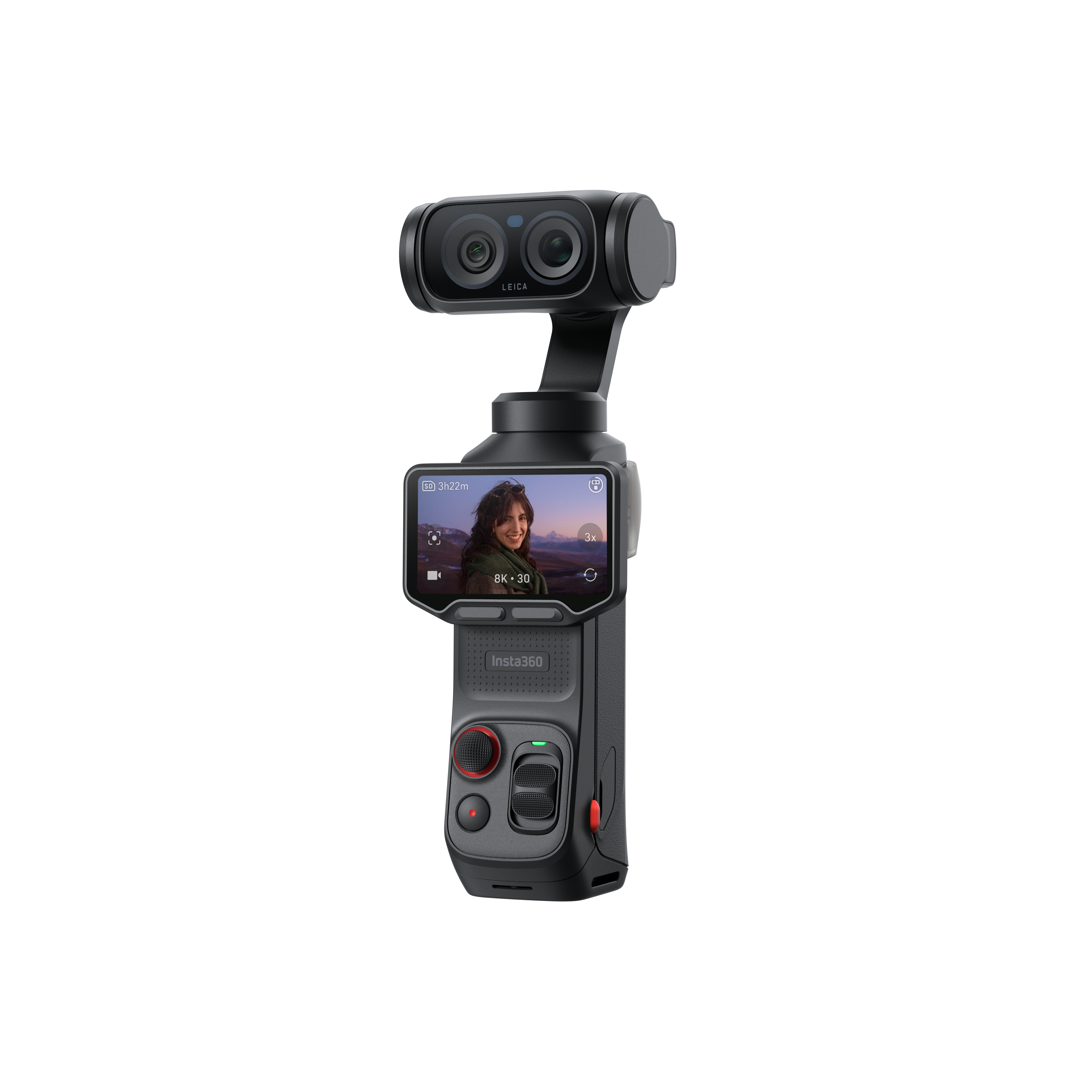 Ein schwarzer Gimbal mit Leica-Kamera und Touchscreen, auf dem eine Frau zu sehen ist.