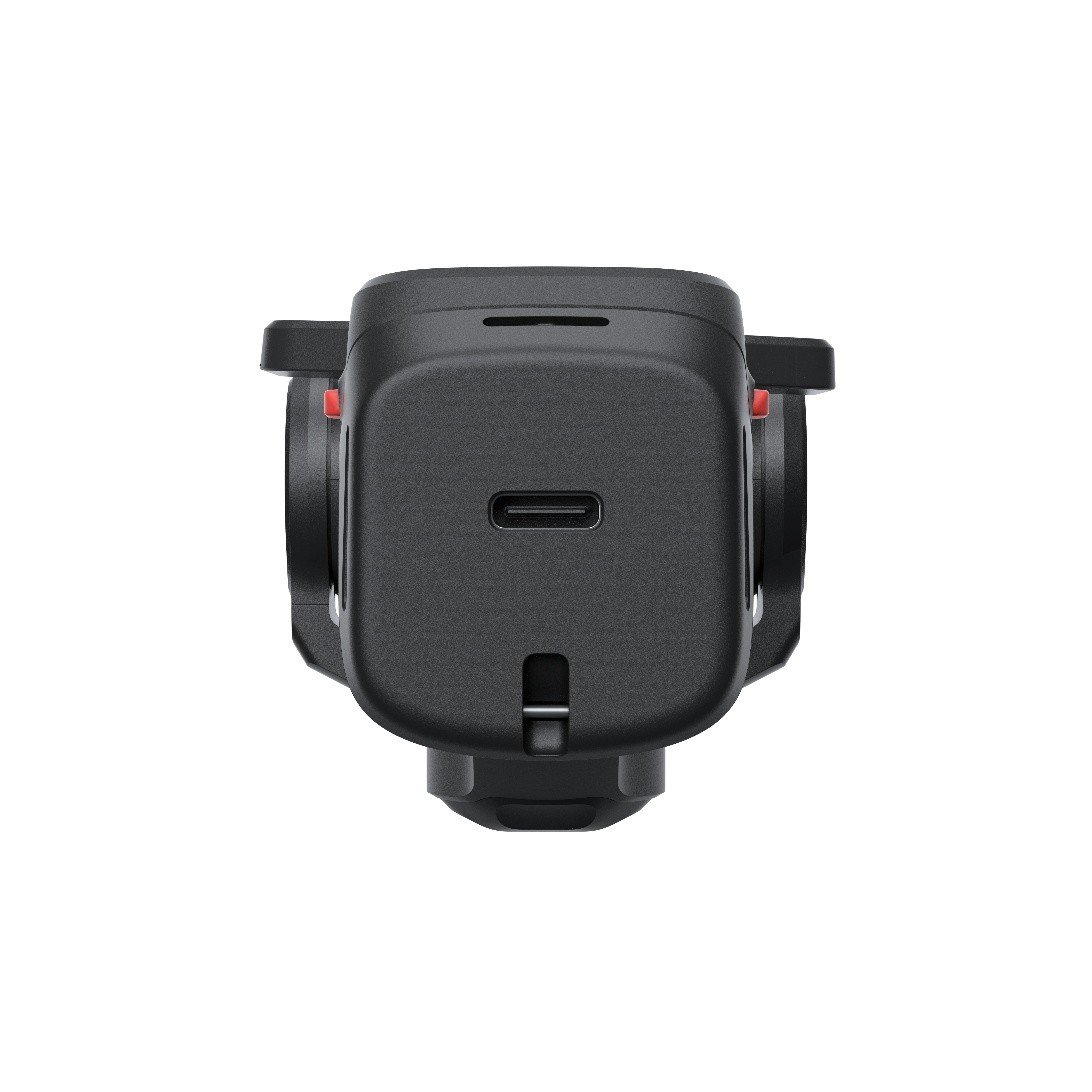 Schwarzes Gimbal mit USB-C-Anschluss und rotem Knopf