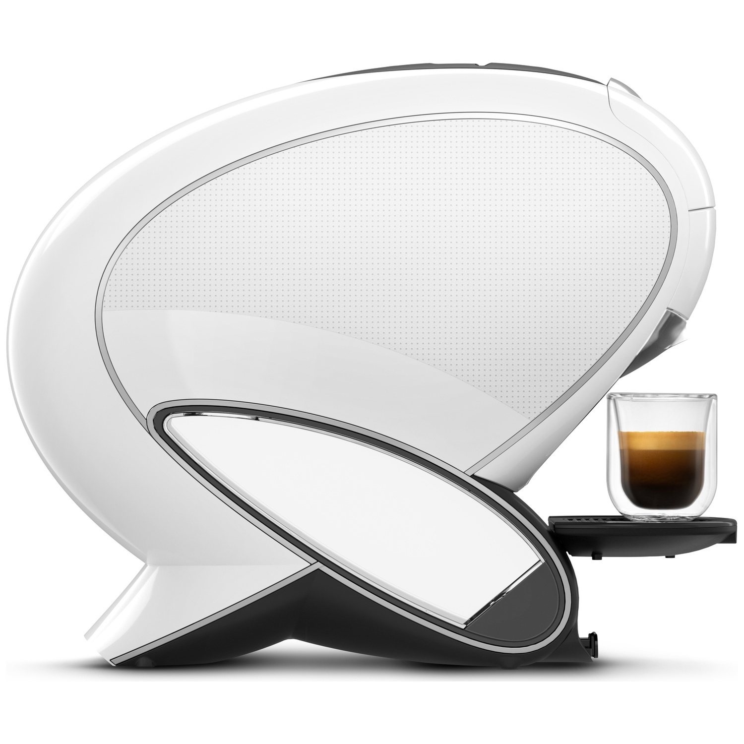 A white coffee machine with a glass of espresso on a black tray.