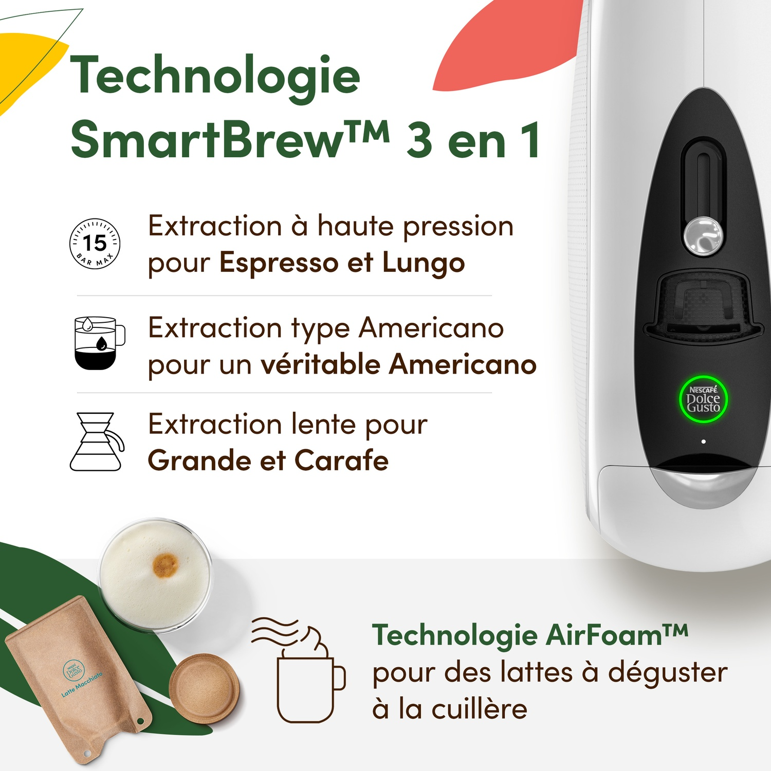 Machine à café avec texte sur les technologies SmartBrew et AirFoam.
