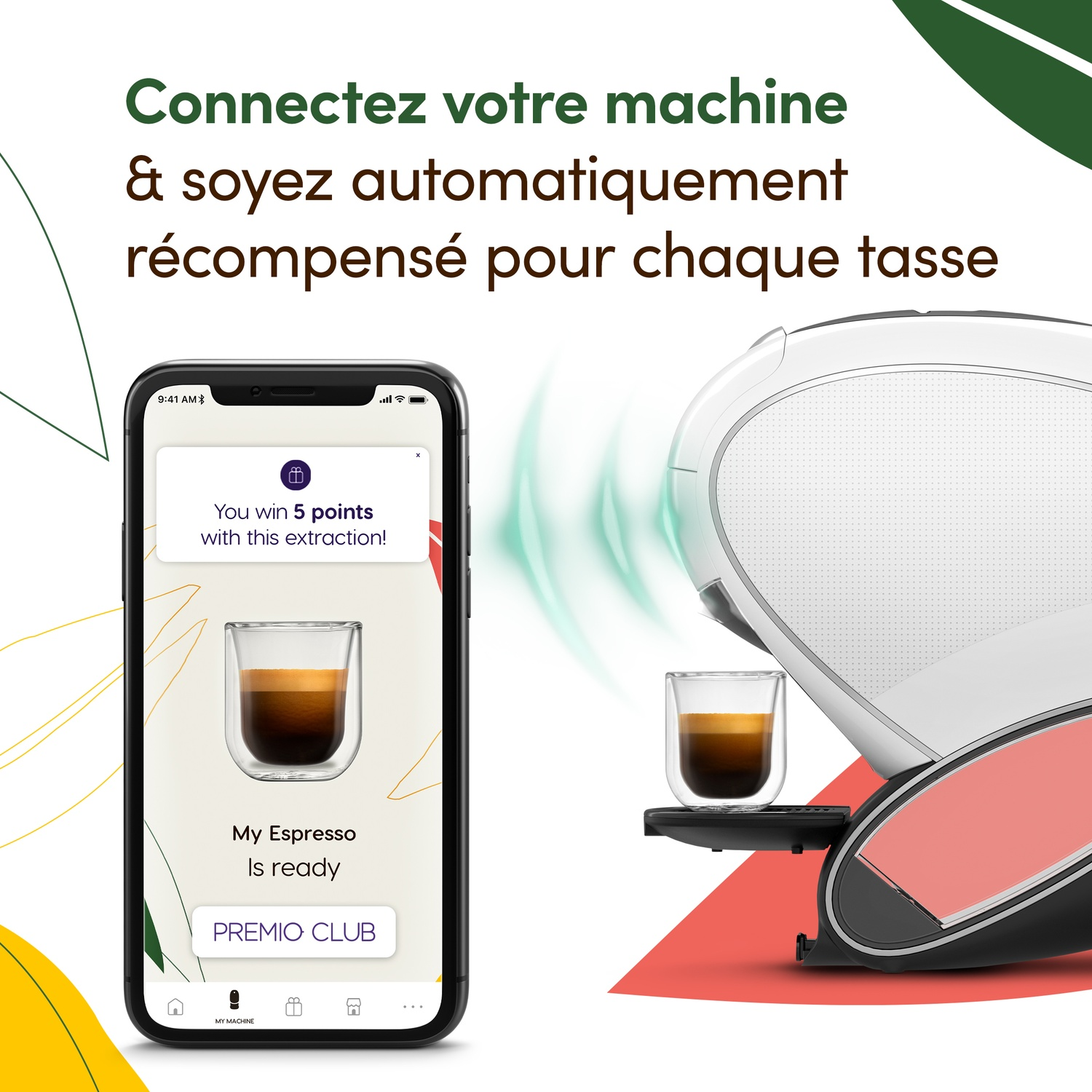 Un smartphone montre une machine à expresso et une notification de récompense.