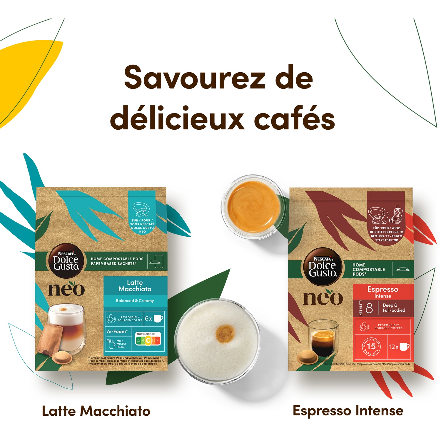 Deux paquets Nescafé Dolce Gusto Neo: Latte Macchiato et Espresso Intense.