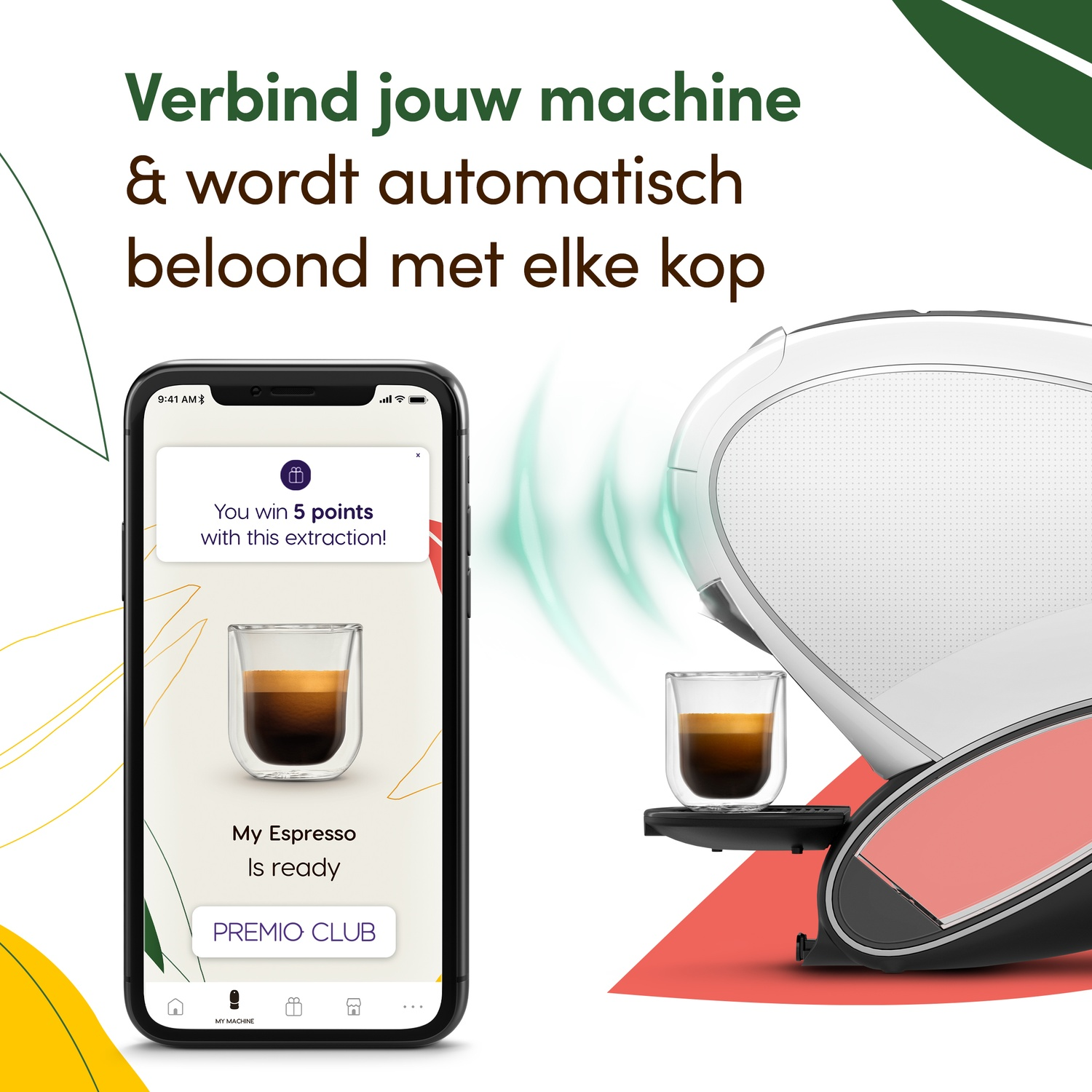 An espresso machine with a cup of coffee next to a smartphone showing a reward.