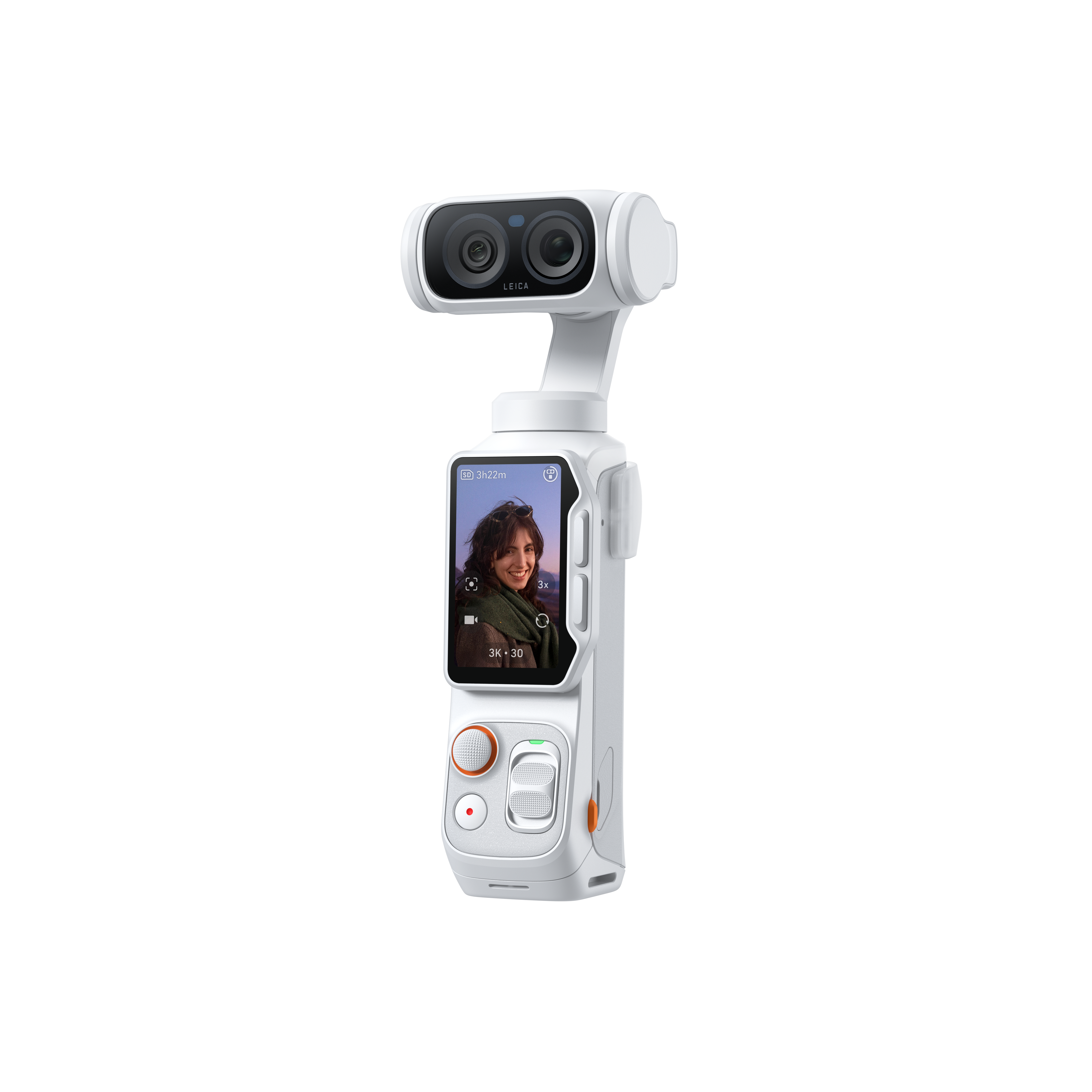 Ein weißer Gimbal mit Doppellinsen und einem Bildschirm, der eine Frau zeigt.