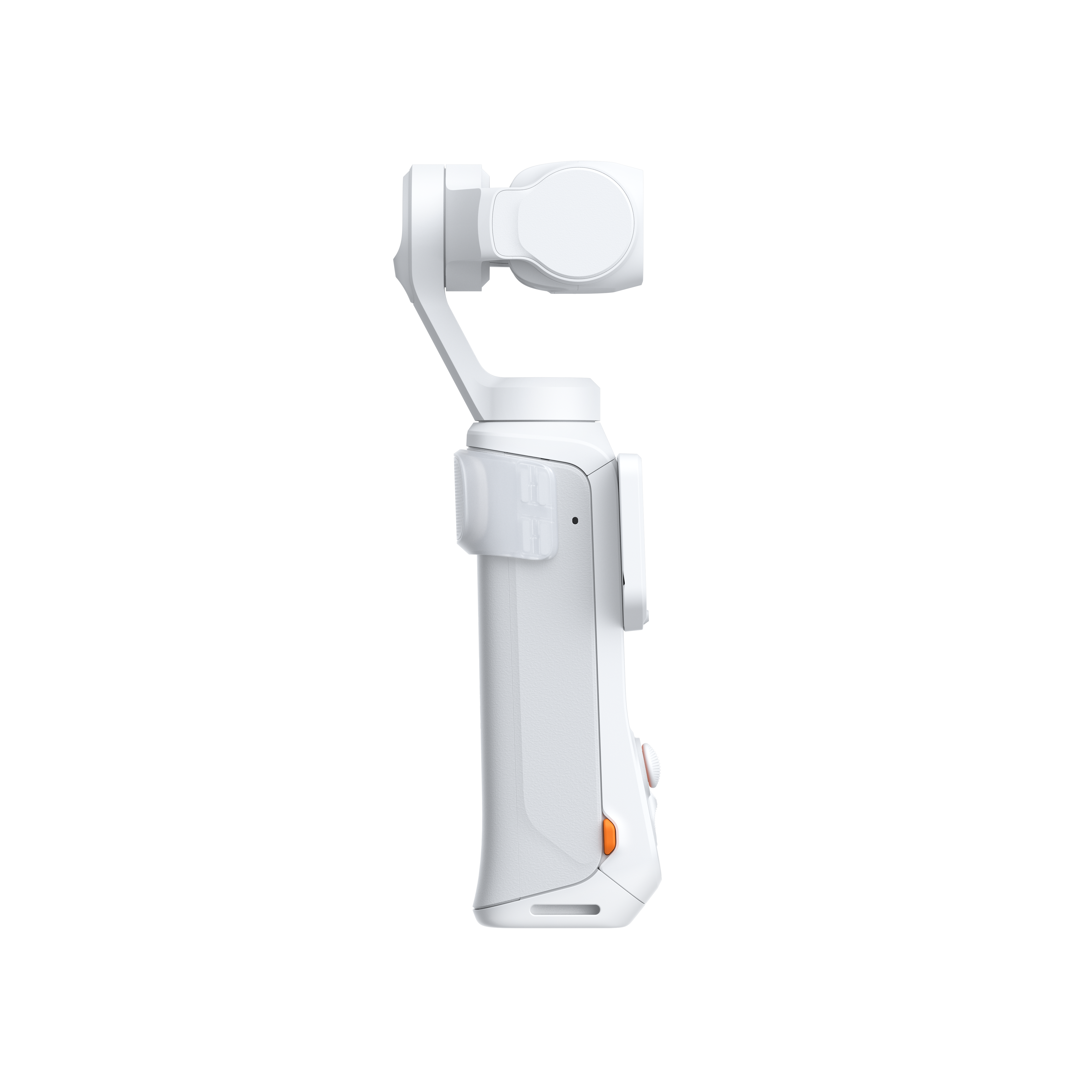 Ein weißer Handheld-Gimbal mit orangefarbenen Akzenten auf schwarzem Hintergrund.