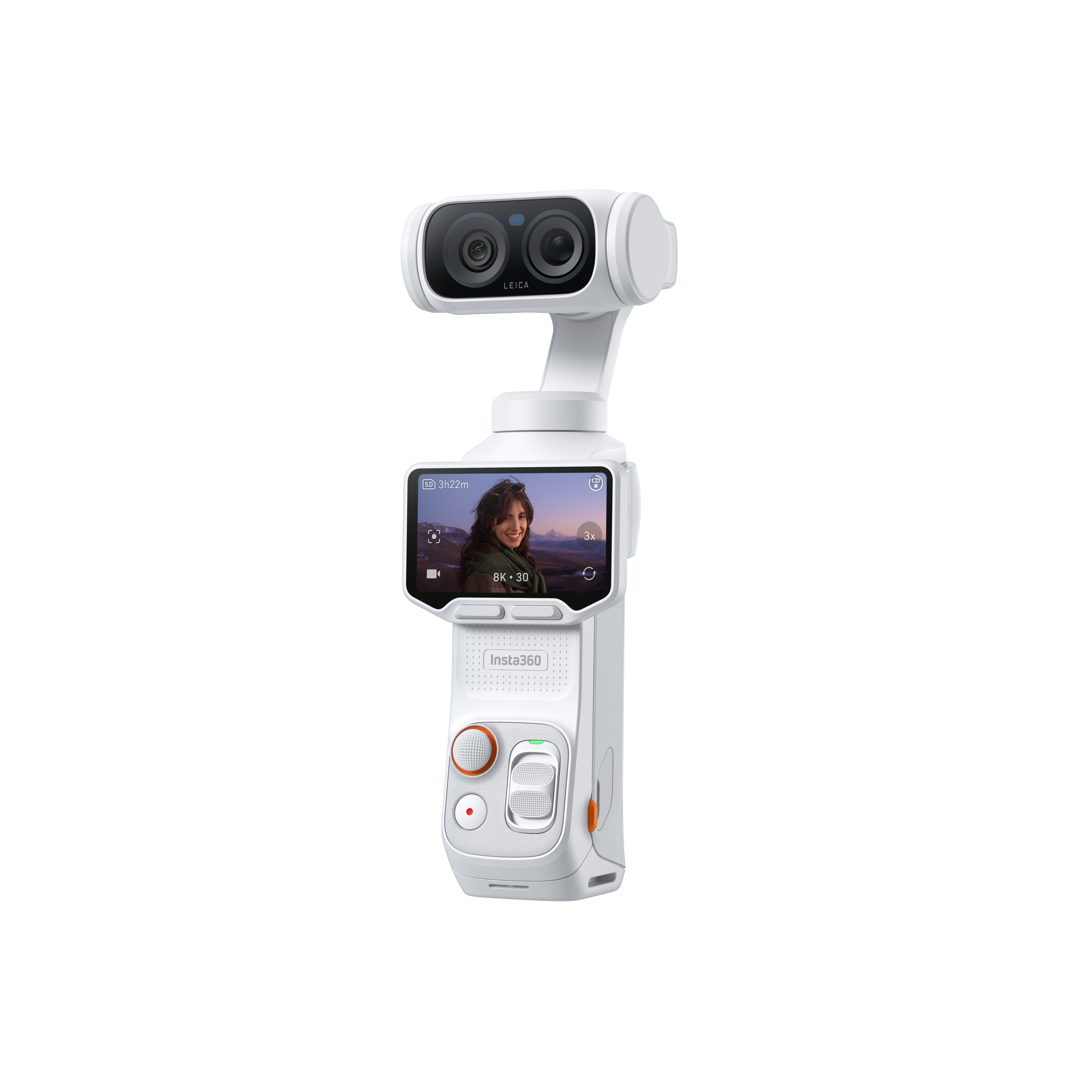 Ein weißer Gimbal mit Doppellinsen, Touchscreen und Bedienelementen.