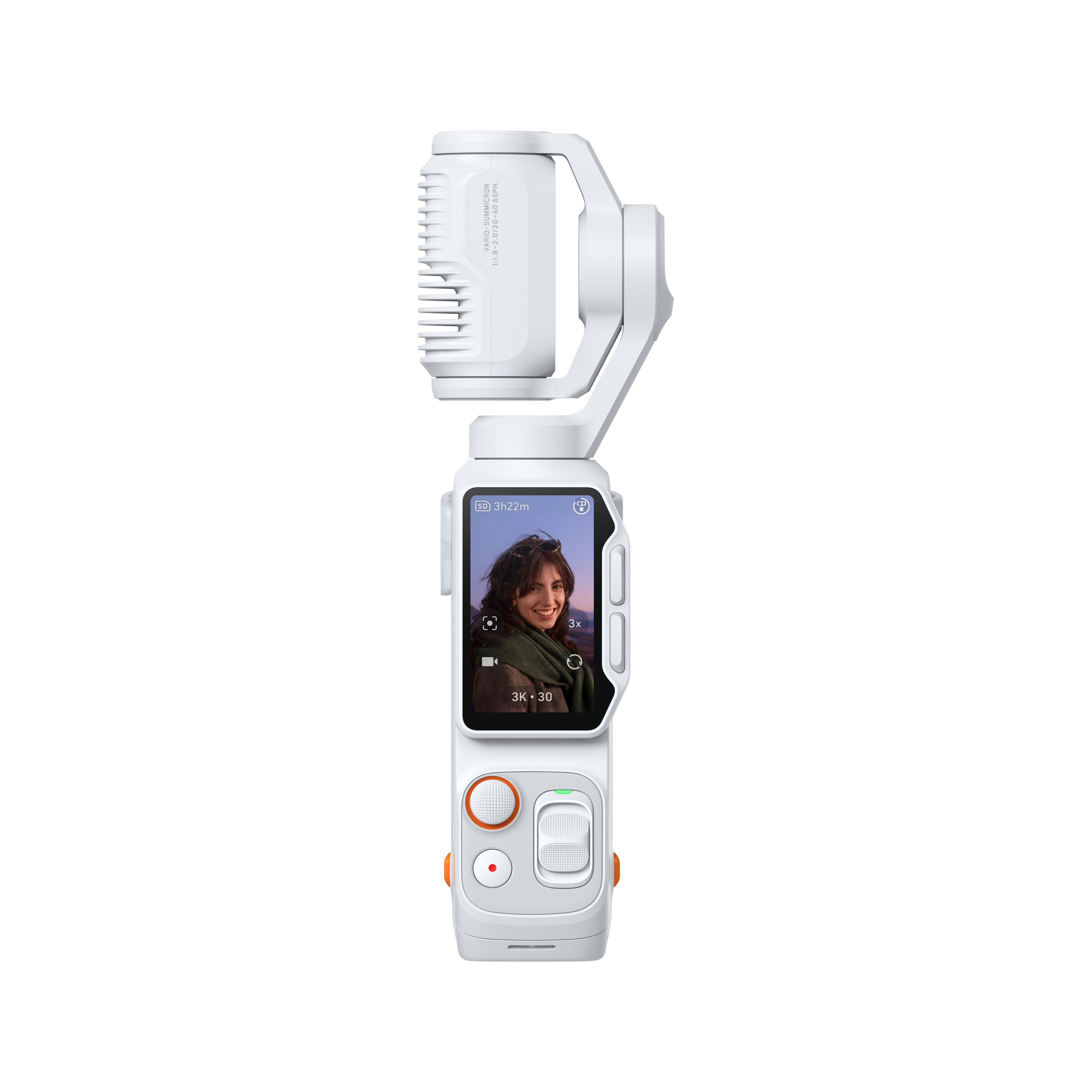 Ein weißer Gimbal mit Bildschirm, der eine Frau zeigt. Details sind sichtbar.