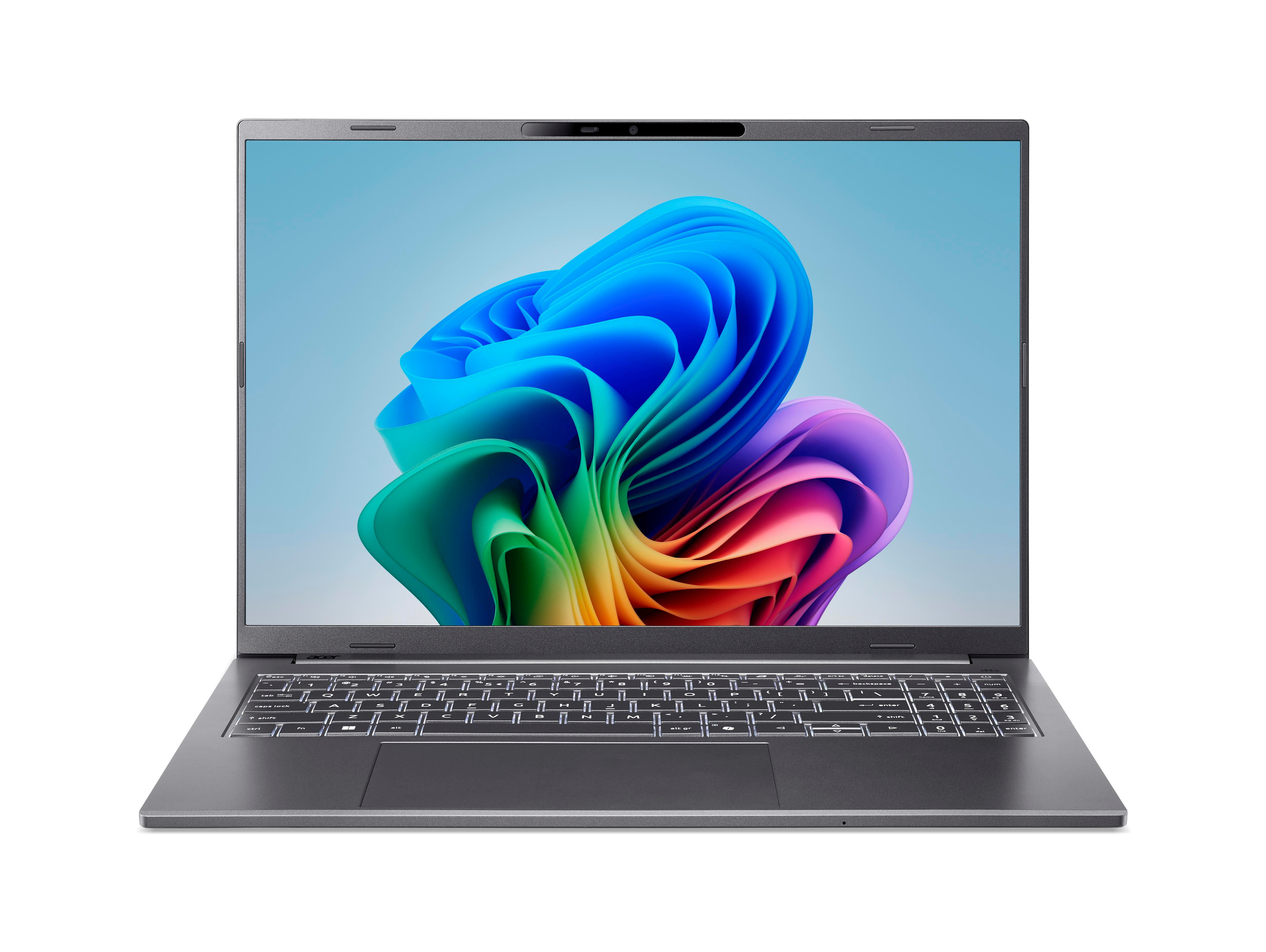 Ein offener grauer Laptop mit einem bunten Wellenmuster auf dem Bildschirm.