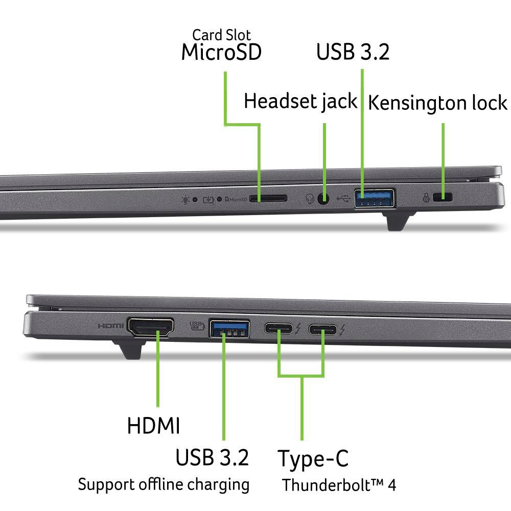 Laptop-Anschlüsse: MicroSD, USB 3.2, Headset, HDMI, Typ-C